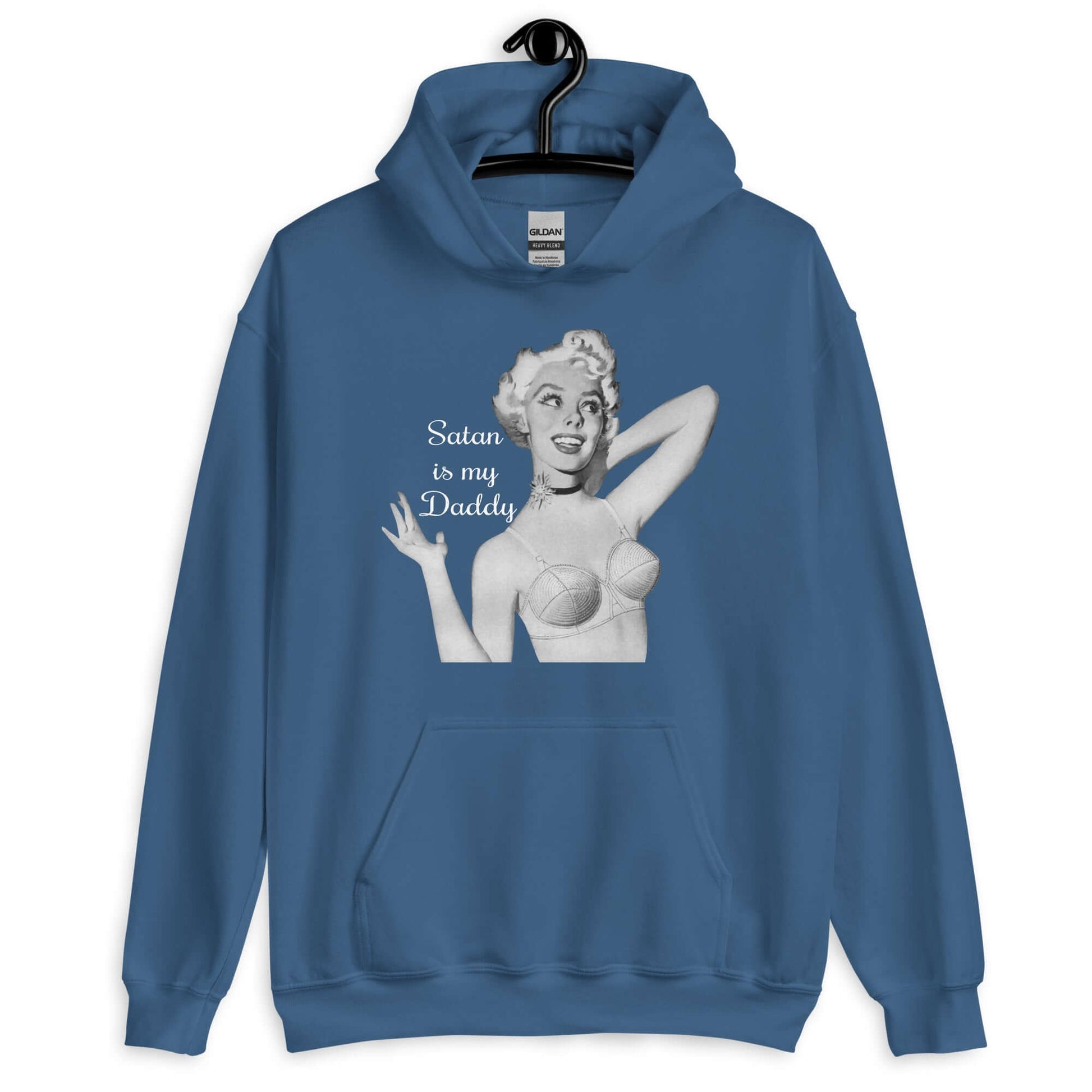 Indigo blue hoodie sweatshirt with image of a retro black & white pin-up model and the phrase Satan is my Daddy printed on the front.