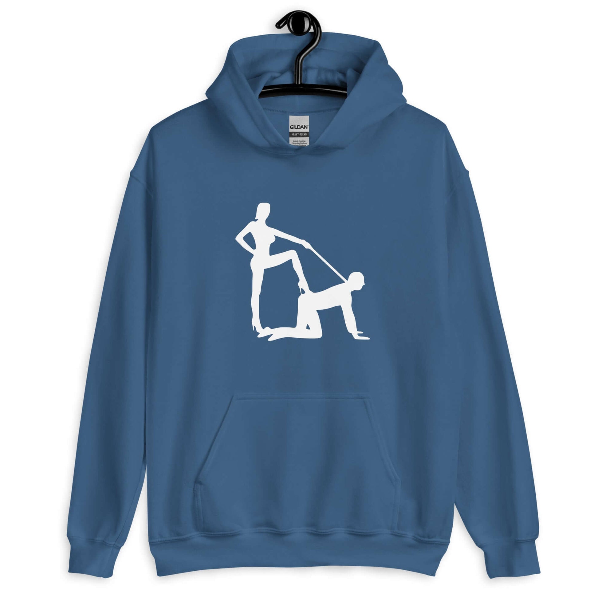 Indigo blue hoodie sweatshirt with silhouette image of a man on his hands and knees and a dominatrix holding his leash printed on the front.