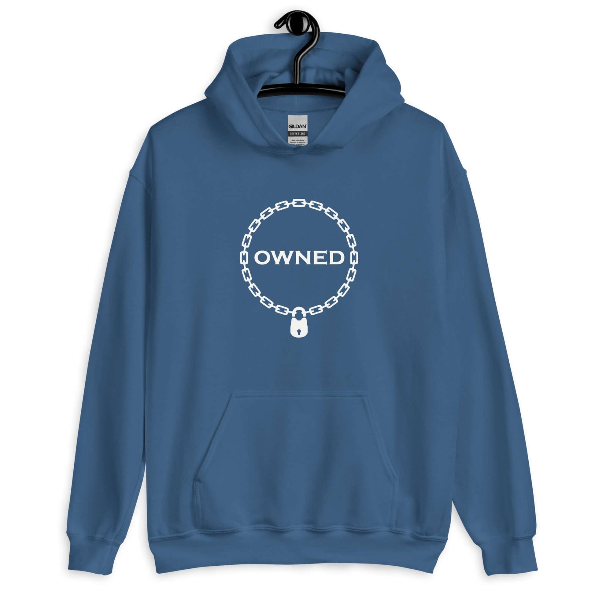 Indigo blue hoodie sweatshirt with an image of a BDSM chain collar with a lock and the word Owned printed in the center of the collar. The design is printed on the front of the hoodie.