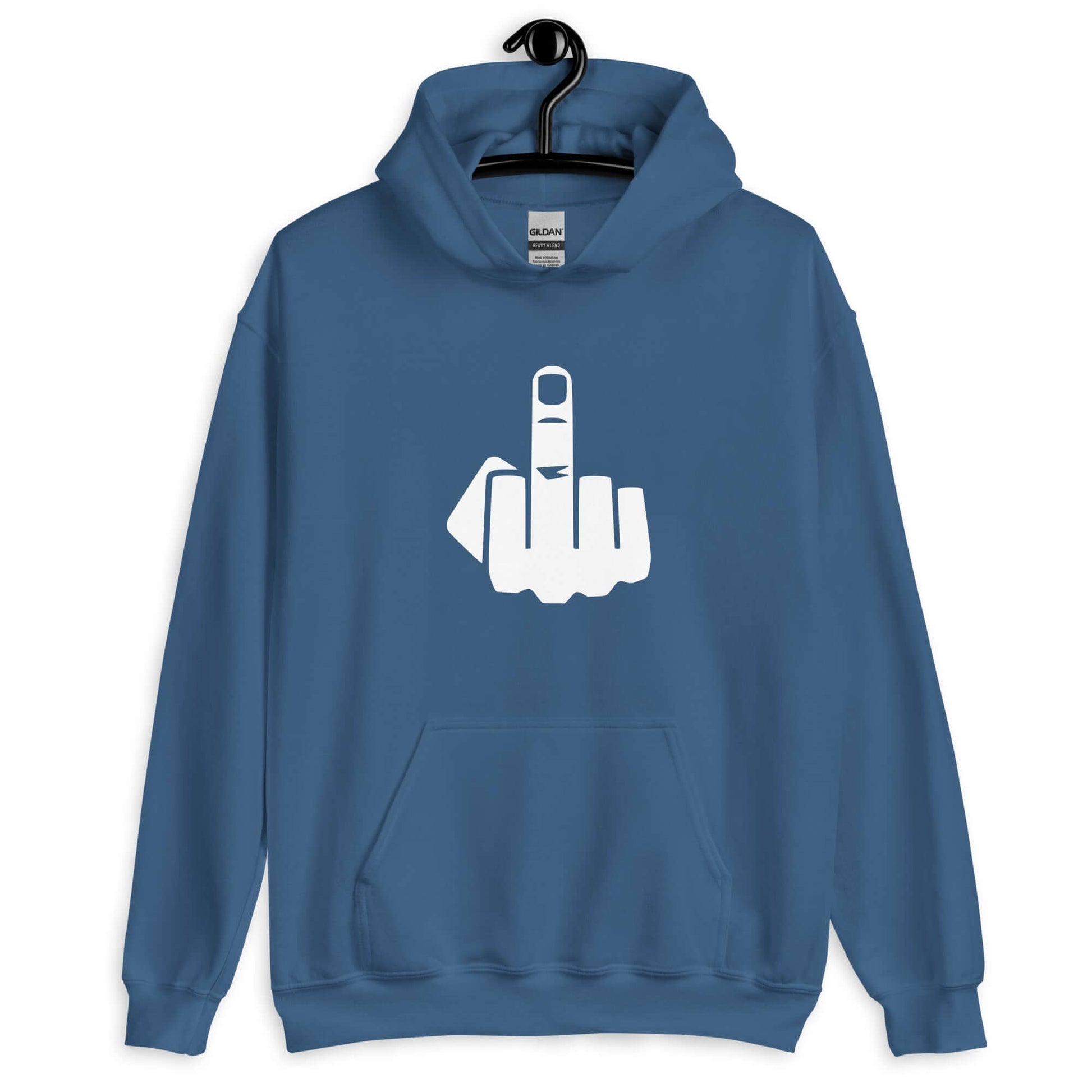 Indigo blue hoodie sweatshirt with an image of middle finger silhouette printed on the front.