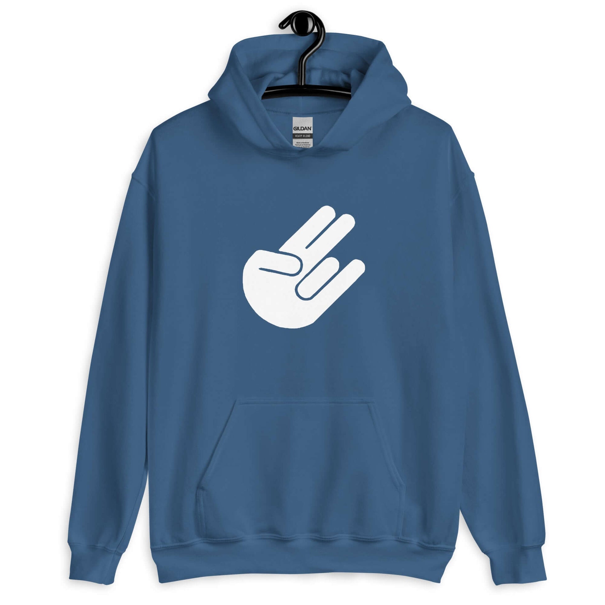 Indigo blue hoodie sweatshirt with the universal hand symbol for The Shocker printed on the front.