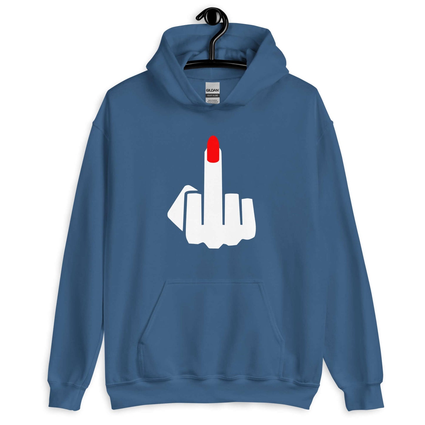 Indigo blue hoodie sweatshirt with an image of a middle finger with long red fingernail silhouette printed on the front.