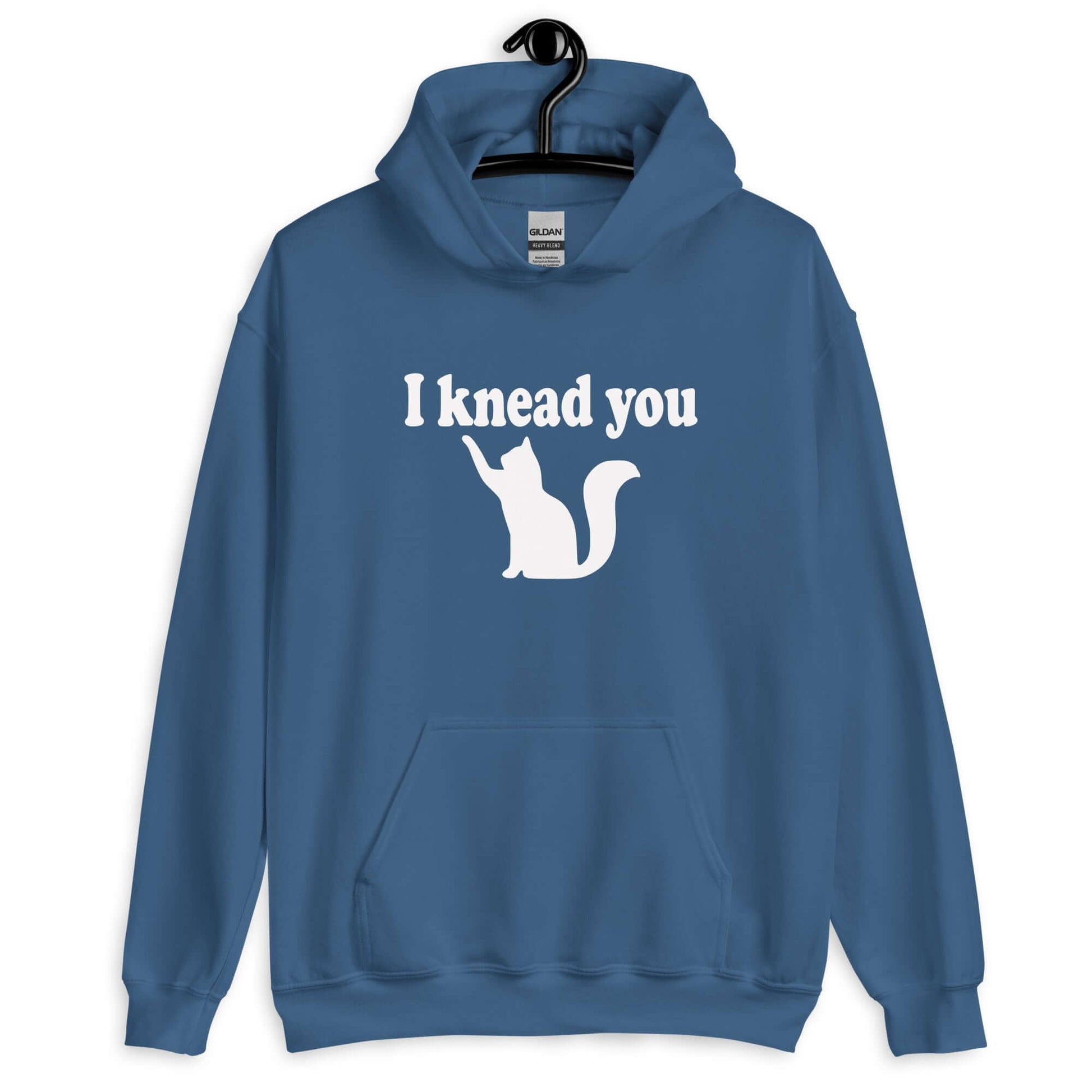 Indigo blue hoodie sweatshirt that has an image of a silhouette of a cat and the words I knead you printed on the front.