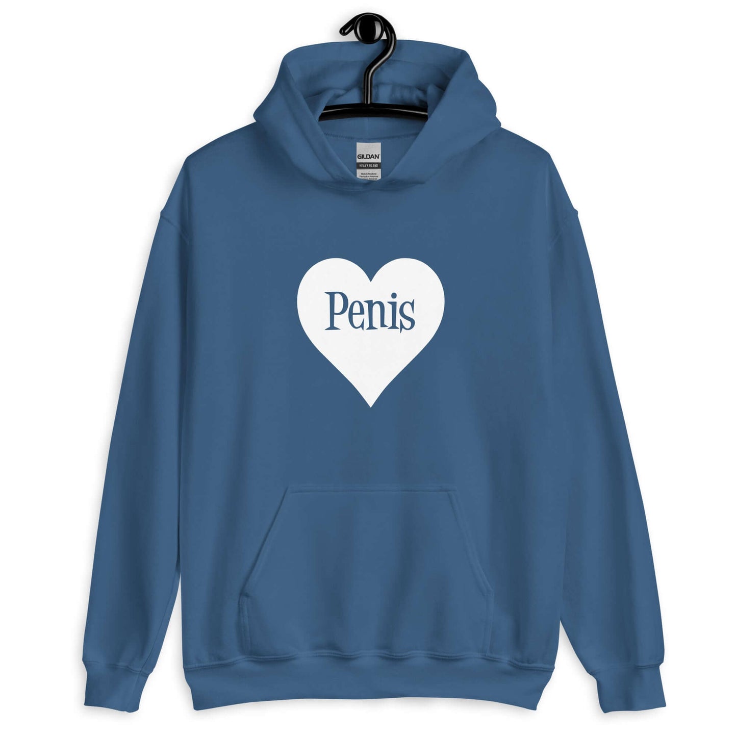 Indigo blue hoodie sweatshirt with a heart image printed on the front. The word penis is inside the heart