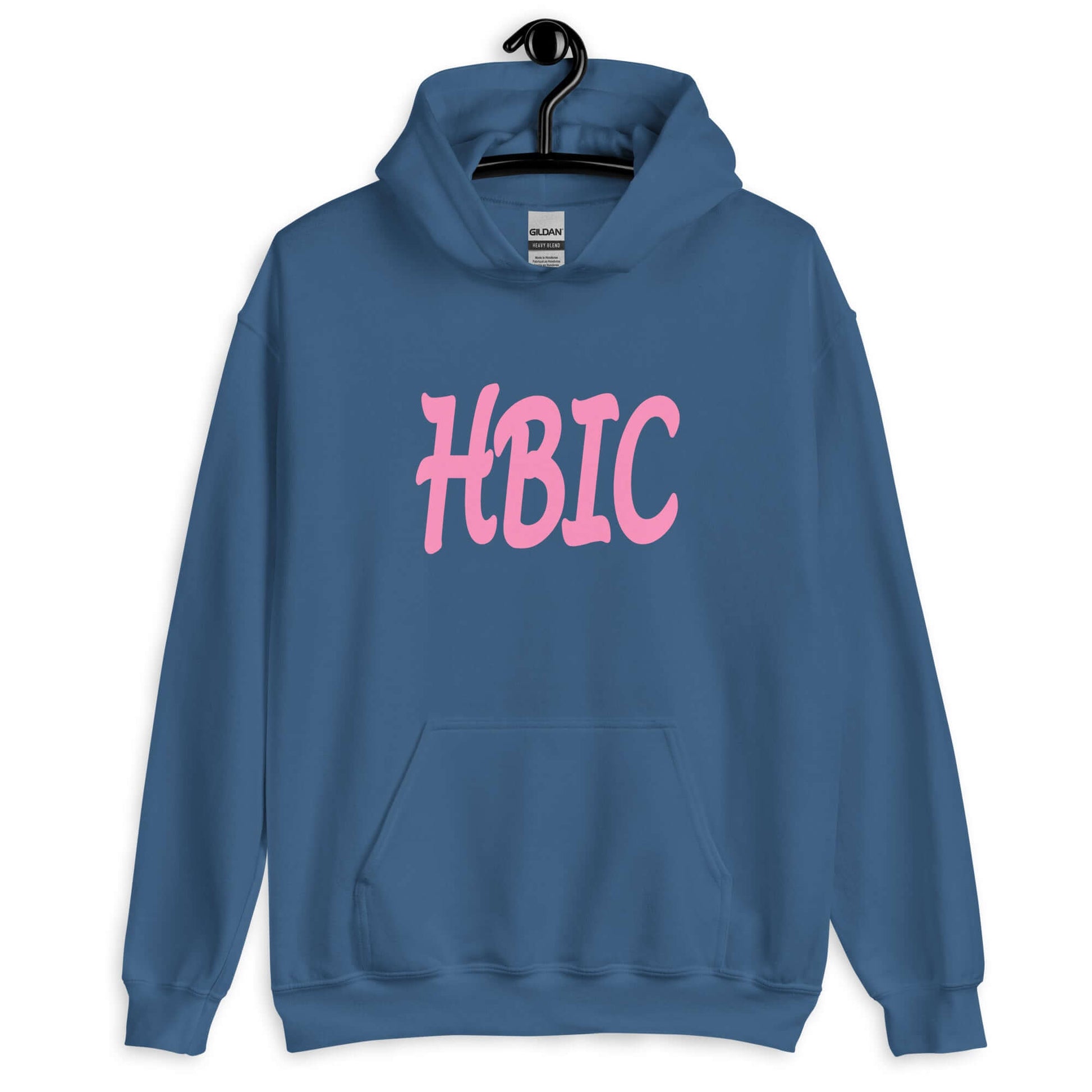 Indigo blue hoodie sweatshirt with the acronym HBIC printed on the front in pink text.