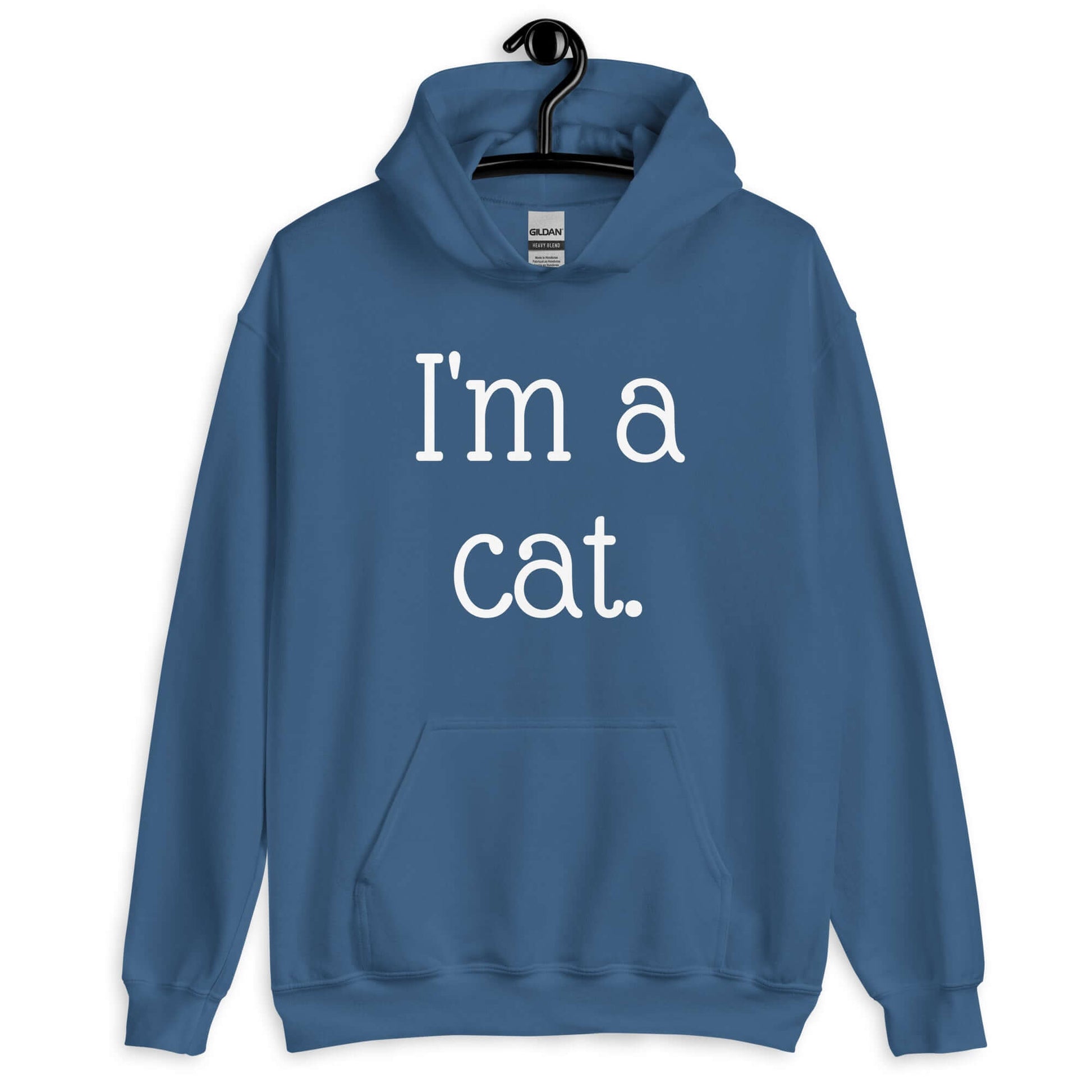 Indigo blue hoodie sweatshirt with the words I'm a cat printed on the front.