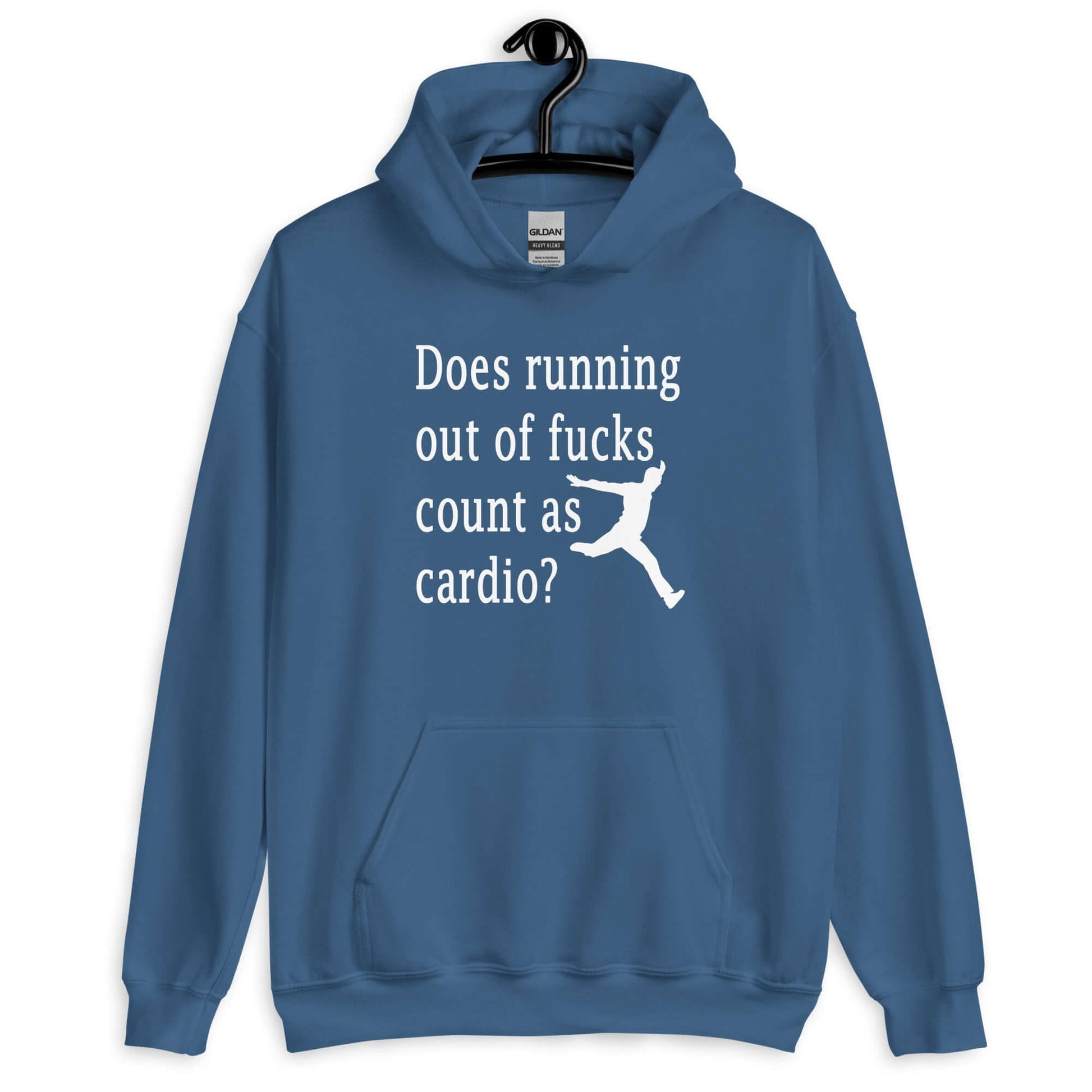 Indigo blue hoodie sweatshirt with a silhouette image of a running person with the phrase Does running out of fucks count as cardio question mark printed on the front.