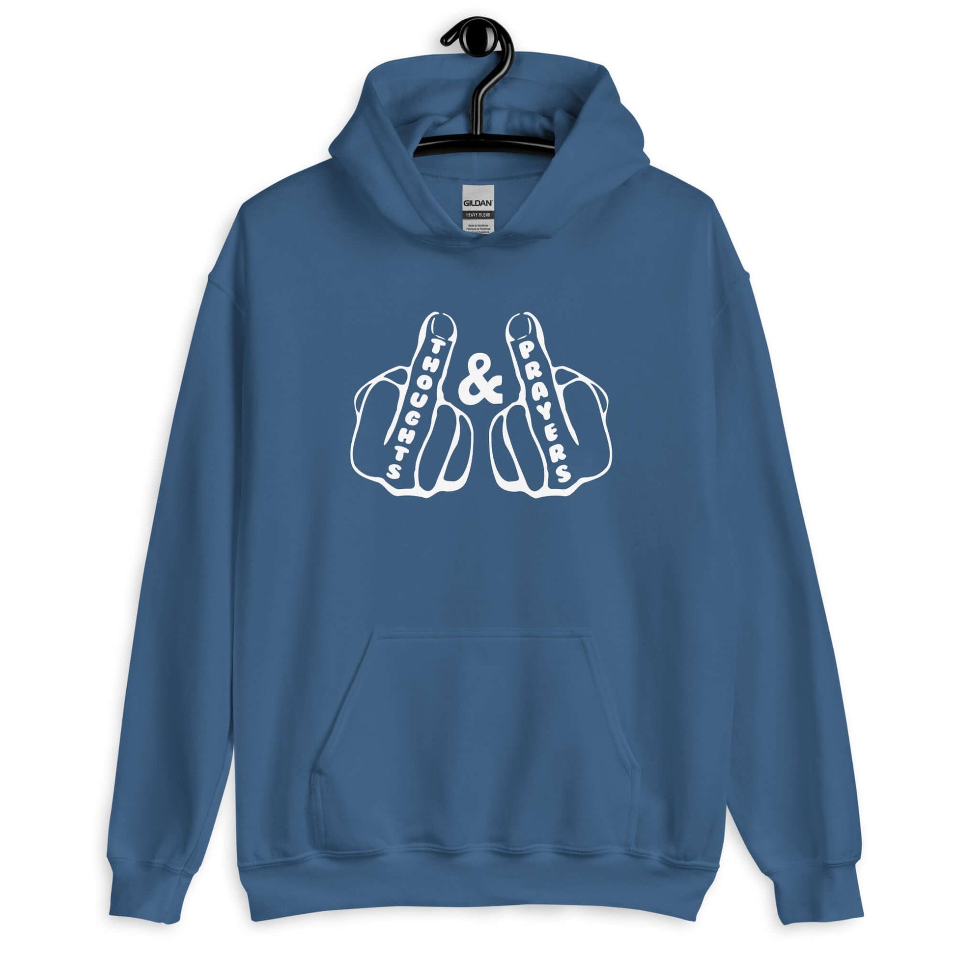 Indigo blue hoodie sweatshirt with an image of 2 line drawing hands with the middle fingers up. The word Thoughts is printed on one middle finger and the word Prayers is printed on the other middle finger. The graphics are printed on the front.