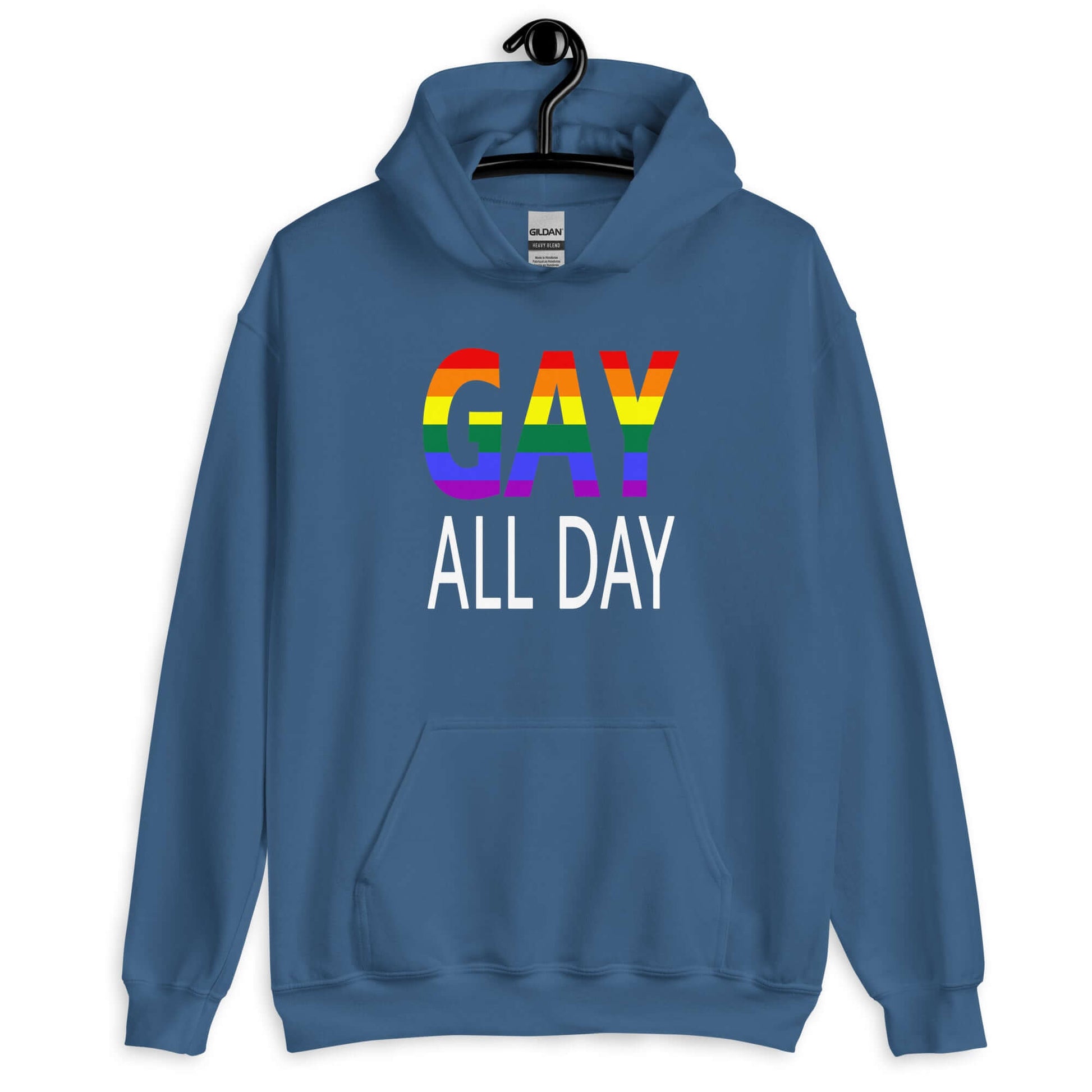 Indigo blue hoodie sweatshirt with the words Gay all day printed on the front. The word Gay is in rainbow stripe font.