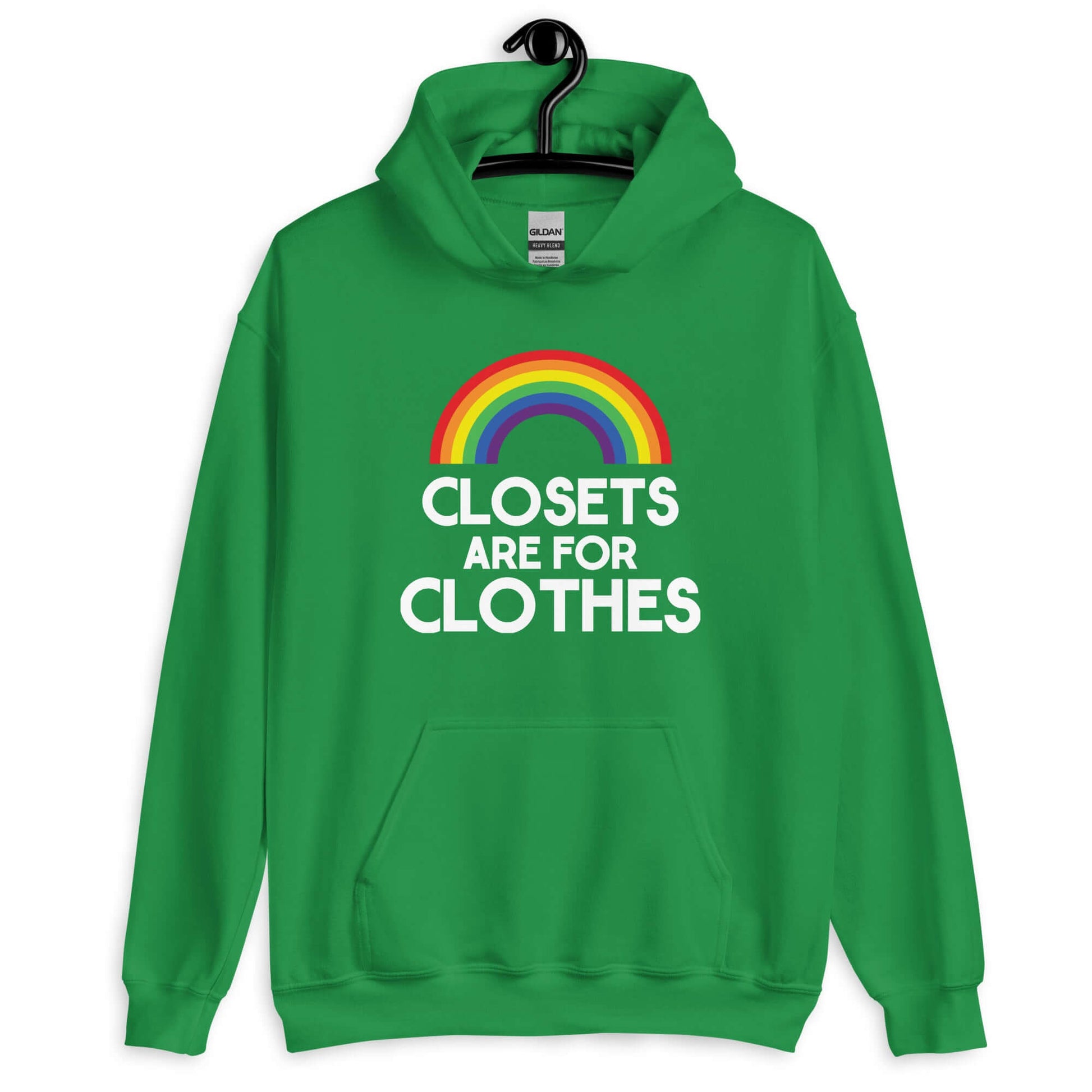 Irish green hoodie sweatshirt with a rainbow and the words Clothes are for closets printed on the front.