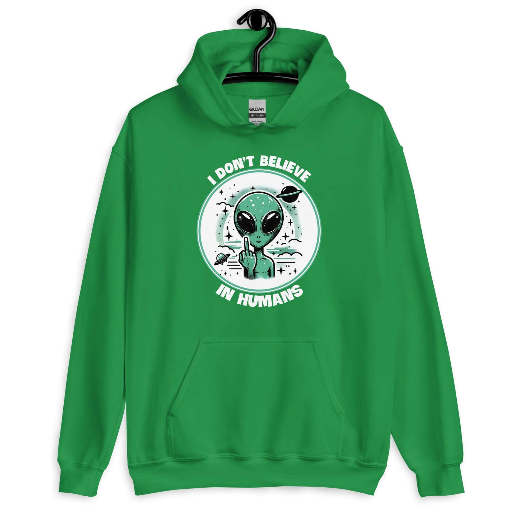 Irish green hoodie sweatshirt with an image of an alien flipping the middle finger. The words I don't believe in humans are printed around the image. The graphics are printed on the front of the hoodie.