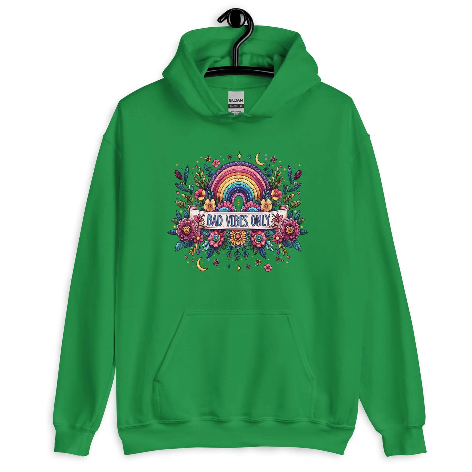 Irish green hoodie sweatshirt with a colorful boho rainbow floral design and the phrase Bad Vibes Only printed on the front.