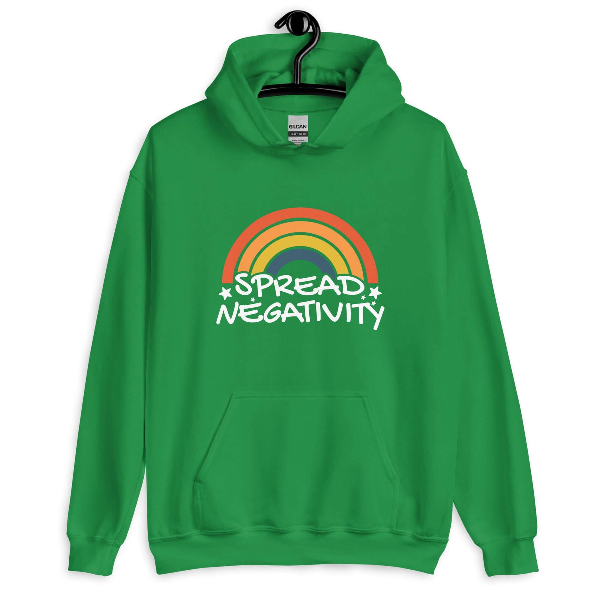 Irish green hoodie sweatshirt with a graphic of a rainbow and the words Spread negativity printed on the front.