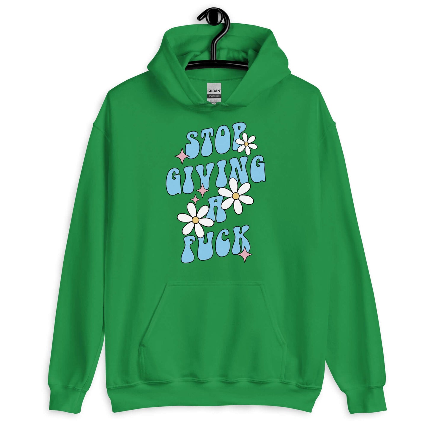 Irish green hoodie sweatshirt with a retro daisy and star design and the phrase Stop giving a fuck printed on the front.