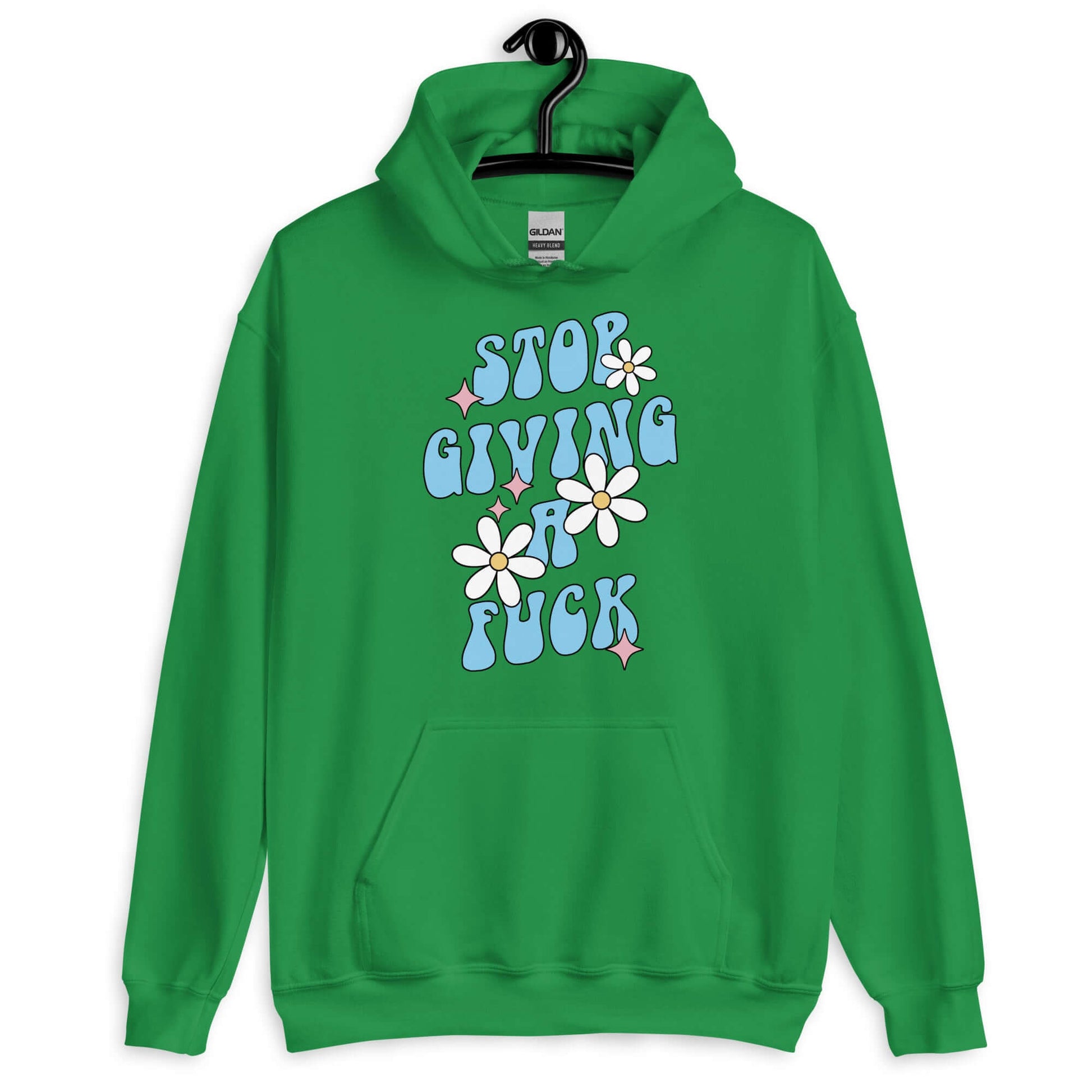 Irish green hoodie sweatshirt with a retro daisy and star design and the phrase Stop giving a fuck printed on the front.