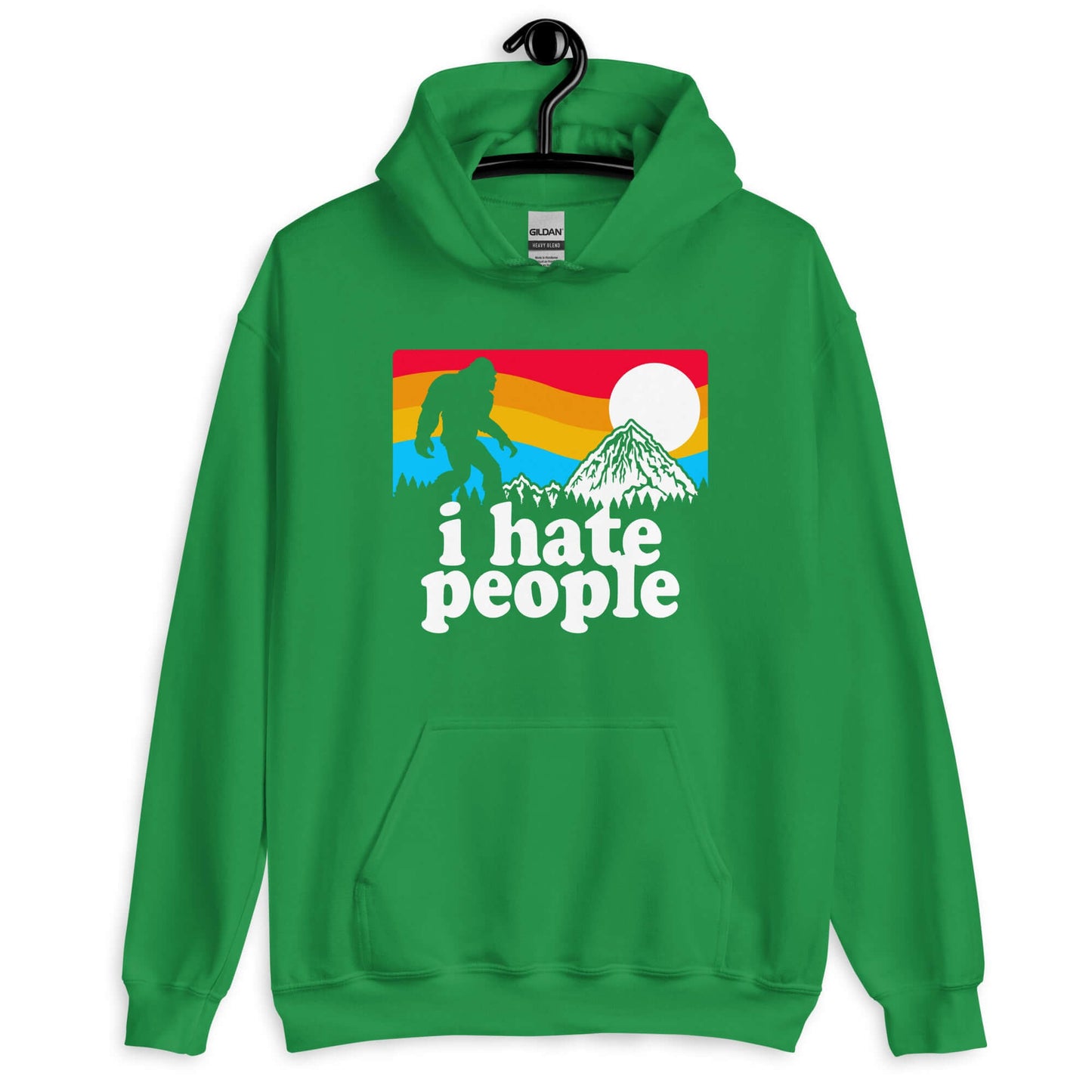 Irish green hoodie sweatshirt with graphic of Bigfoot walking into the sunset with the words I hate people printed on the front.