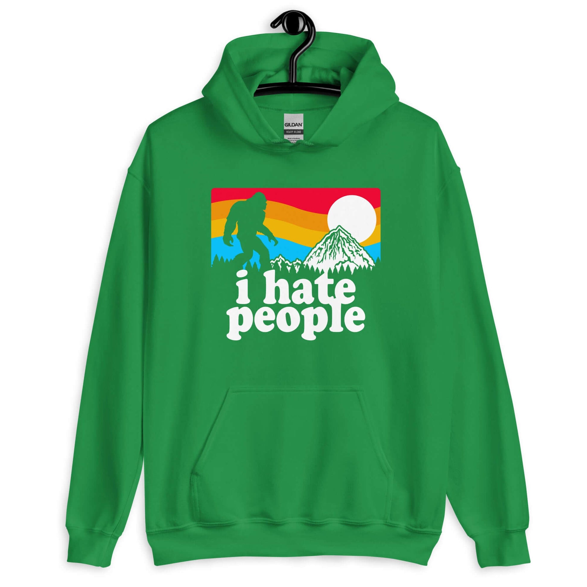 Irish green hoodie sweatshirt with graphic of Bigfoot walking into the sunset with the words I hate people printed on the front.