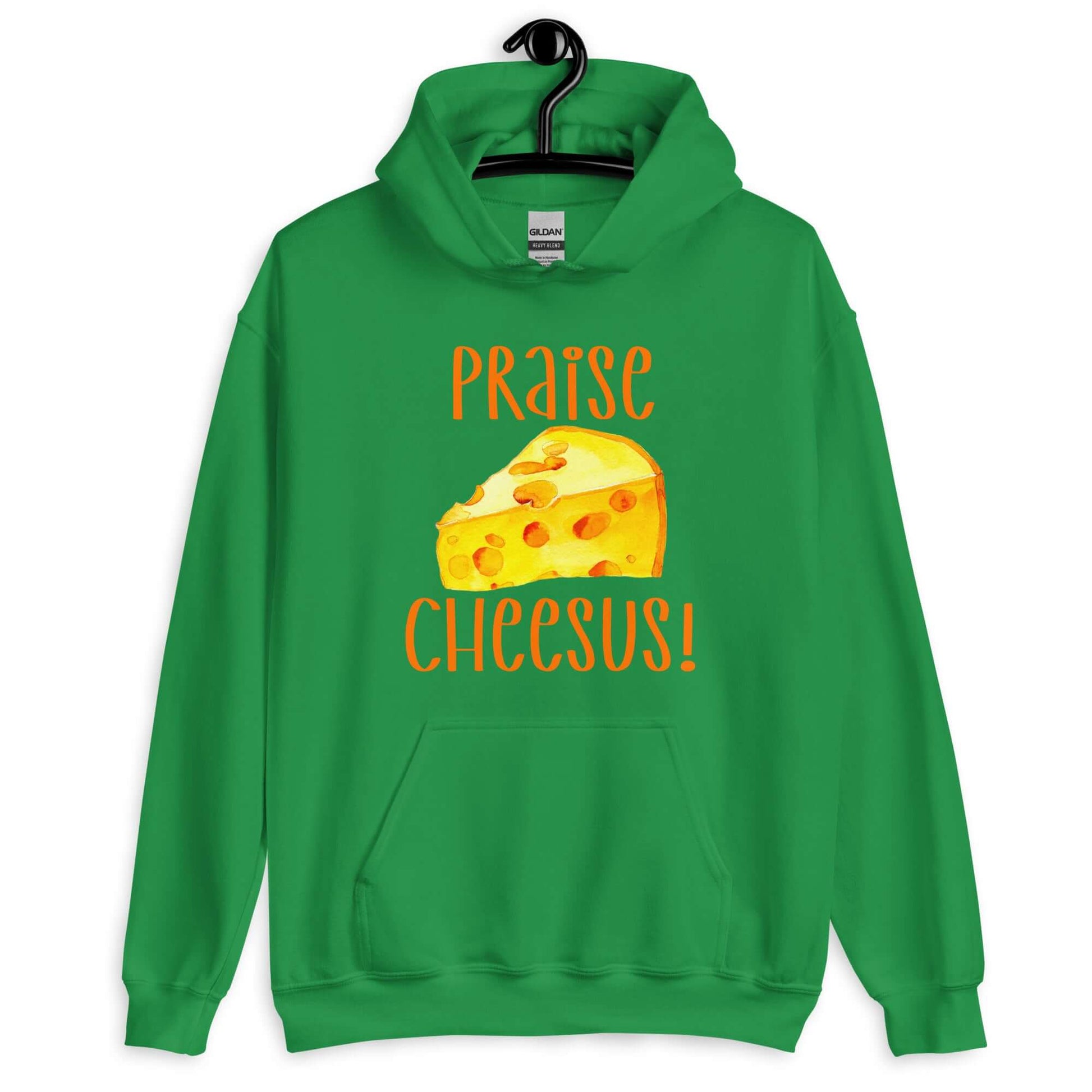 Irish green hoodie sweatshirt with funny graphics of a piece of swiss cheese and the words Praise Cheesus printed on the front of the hoodie in yellow and orange.