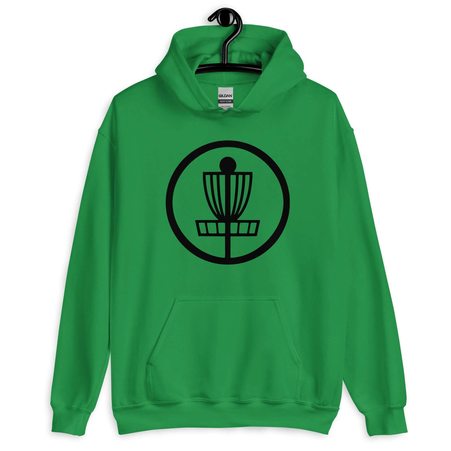 Irish green hoodie sweatshirt with image of disc golf basket silhouette with a circle around it printed on the front.