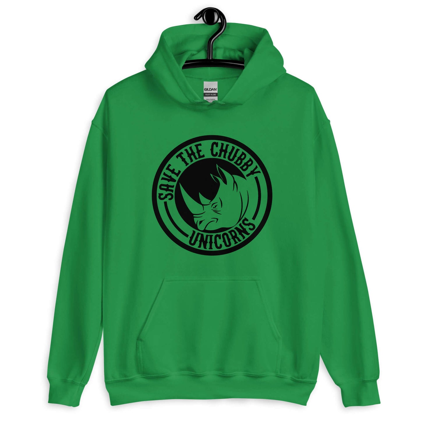 Irish green hoodie sweatshirt with a funny graphic of a rhinoceros & the words Save the chubby unicorns printed on the front.