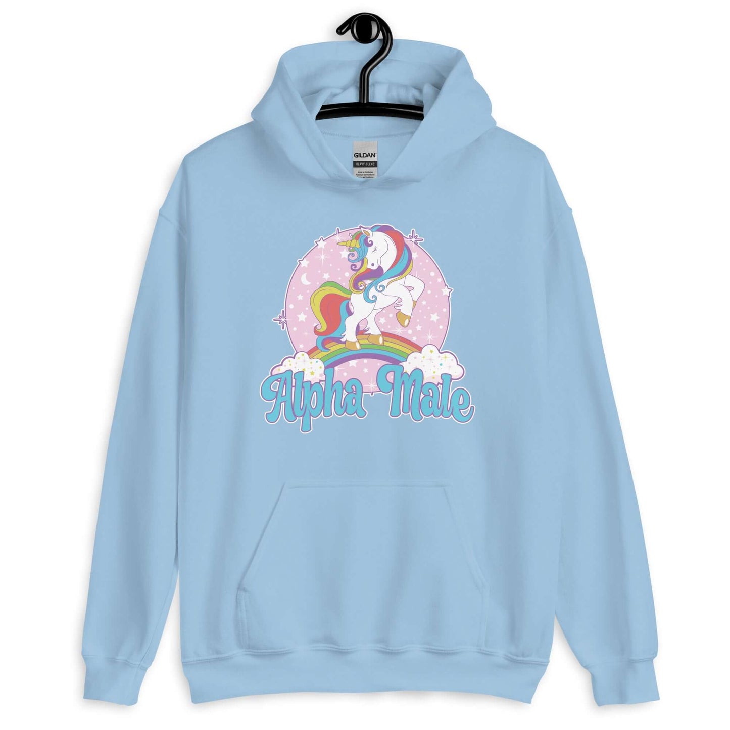 Light blue hoodie sweatshirt with funny pastel rainbow unicorn graphics and the words Alpha Male printed on the front.