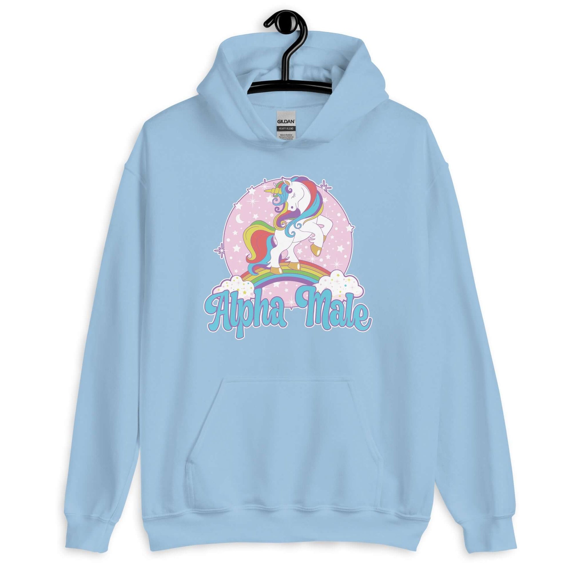 Light blue hoodie sweatshirt with funny pastel rainbow unicorn graphics and the words Alpha Male printed on the front.