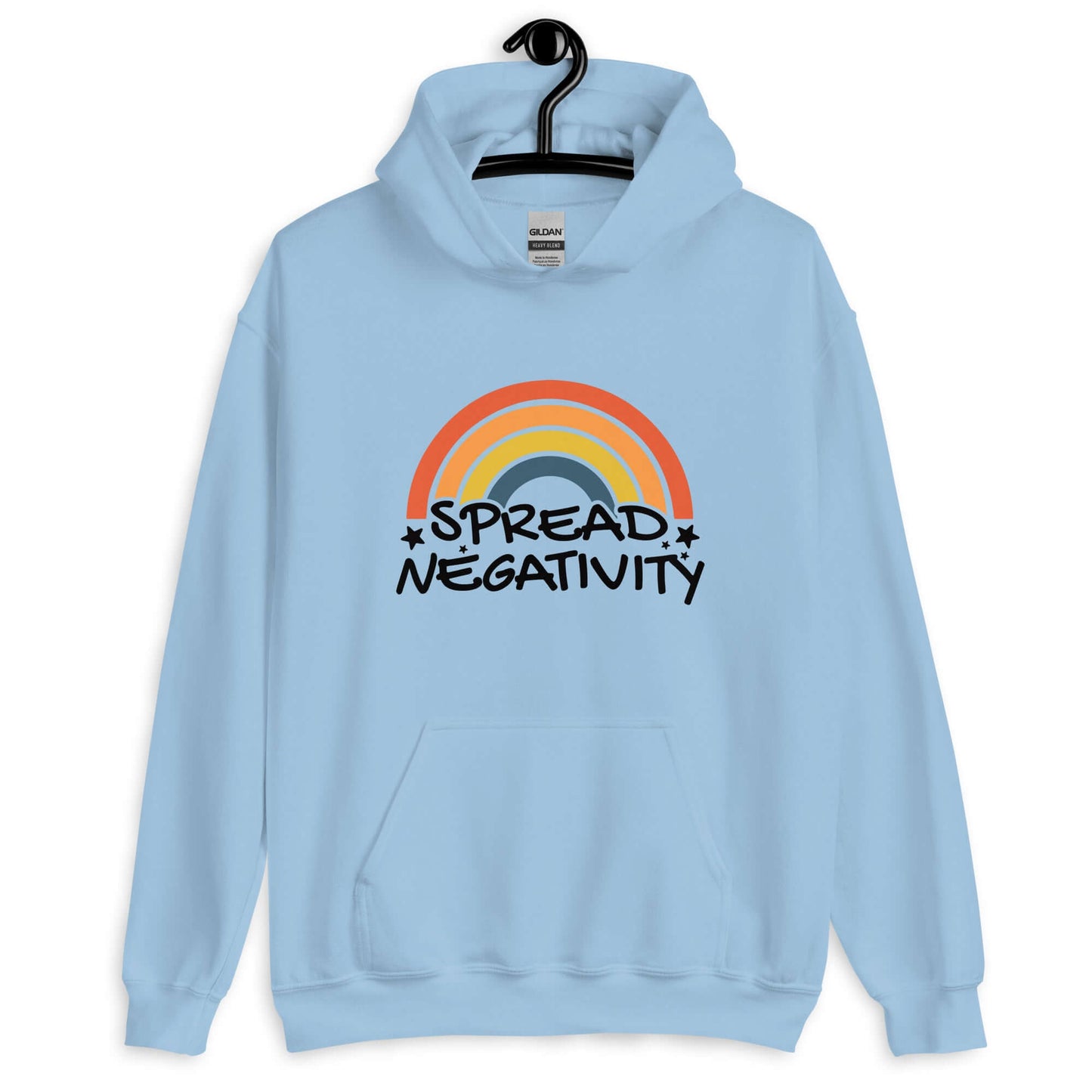 Light blue hoodie sweatshirt with a graphic of a rainbow and the words Spread negativity printed on the front.