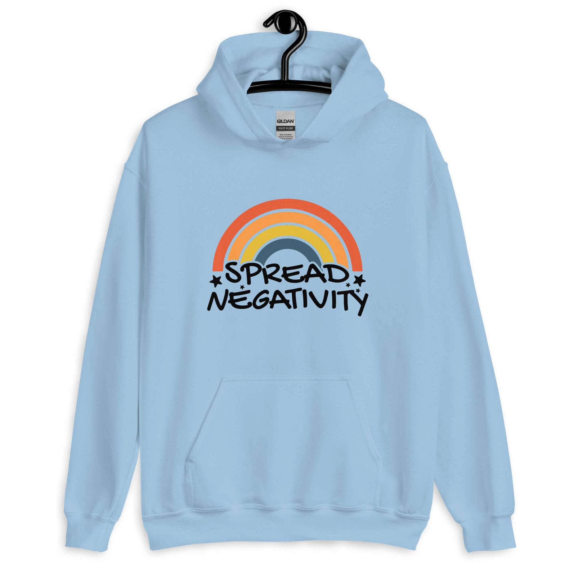 Light blue hoodie sweatshirt with a graphic of a rainbow and the words Spread negativity printed on the front.