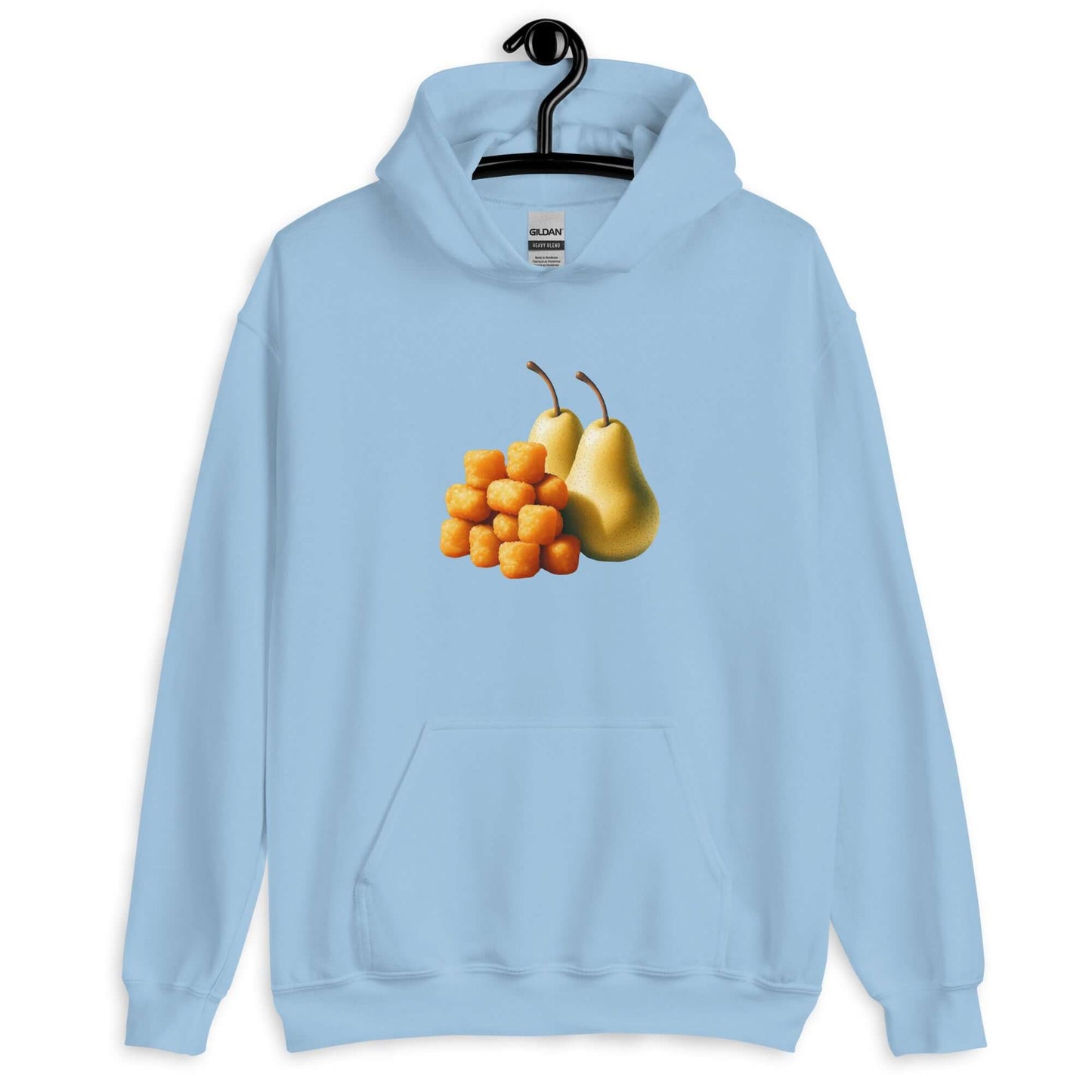 Light blue hoodie with an image of tater tots and two pears printed on the front.