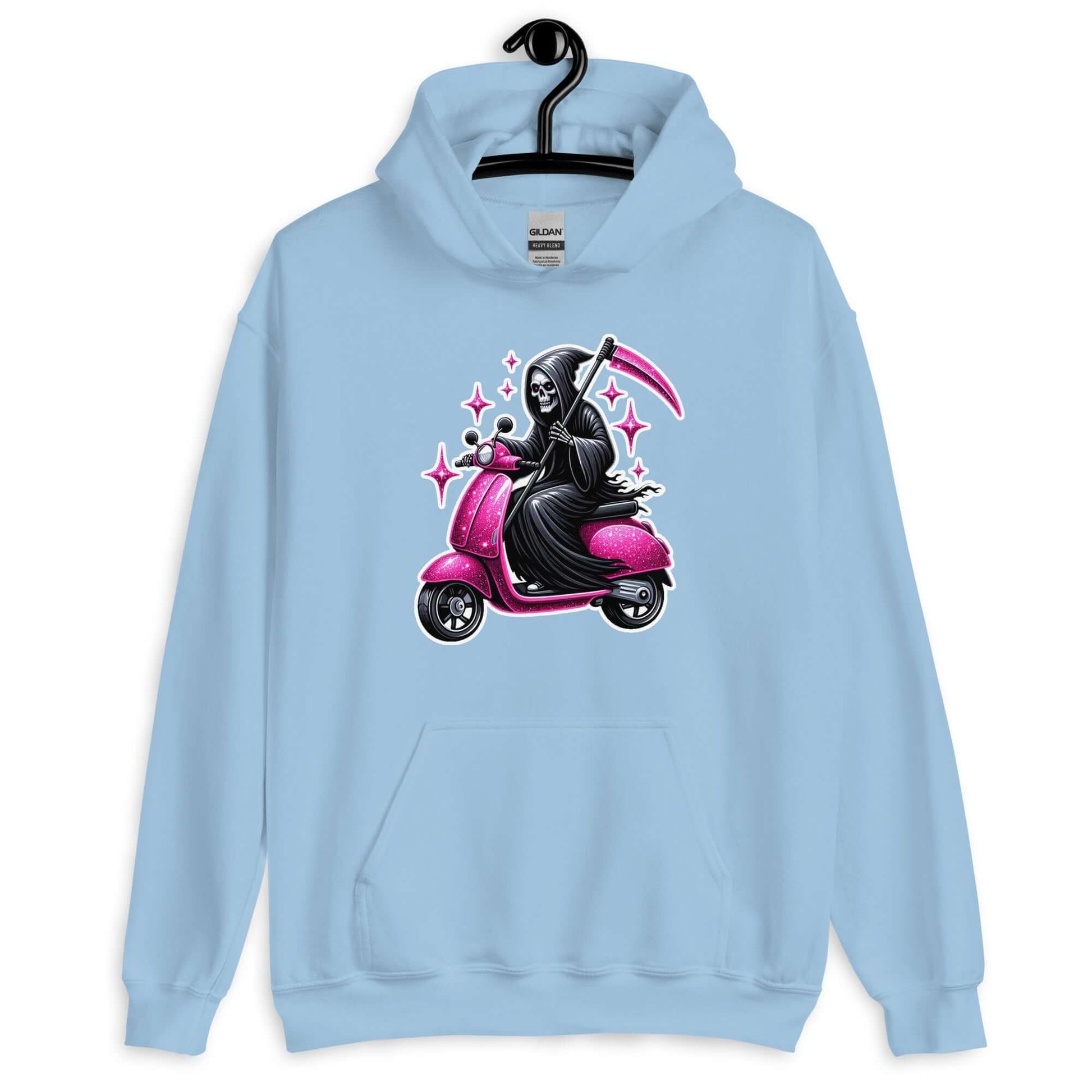 Light blue hoodie sweatshirt with funny image of the Grim Reaper riding on a glam pink scooter printed on the front.