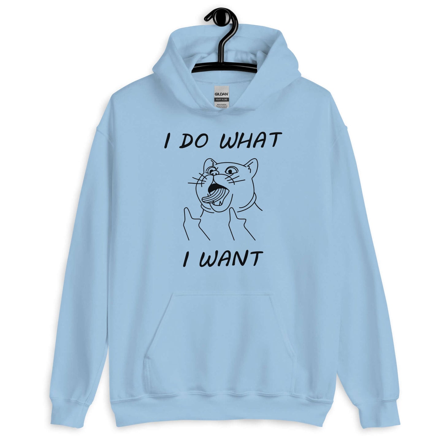 Light blue hoodie sweatshirt with cat flipping middle fingers and the words I do what I want printed on the front.