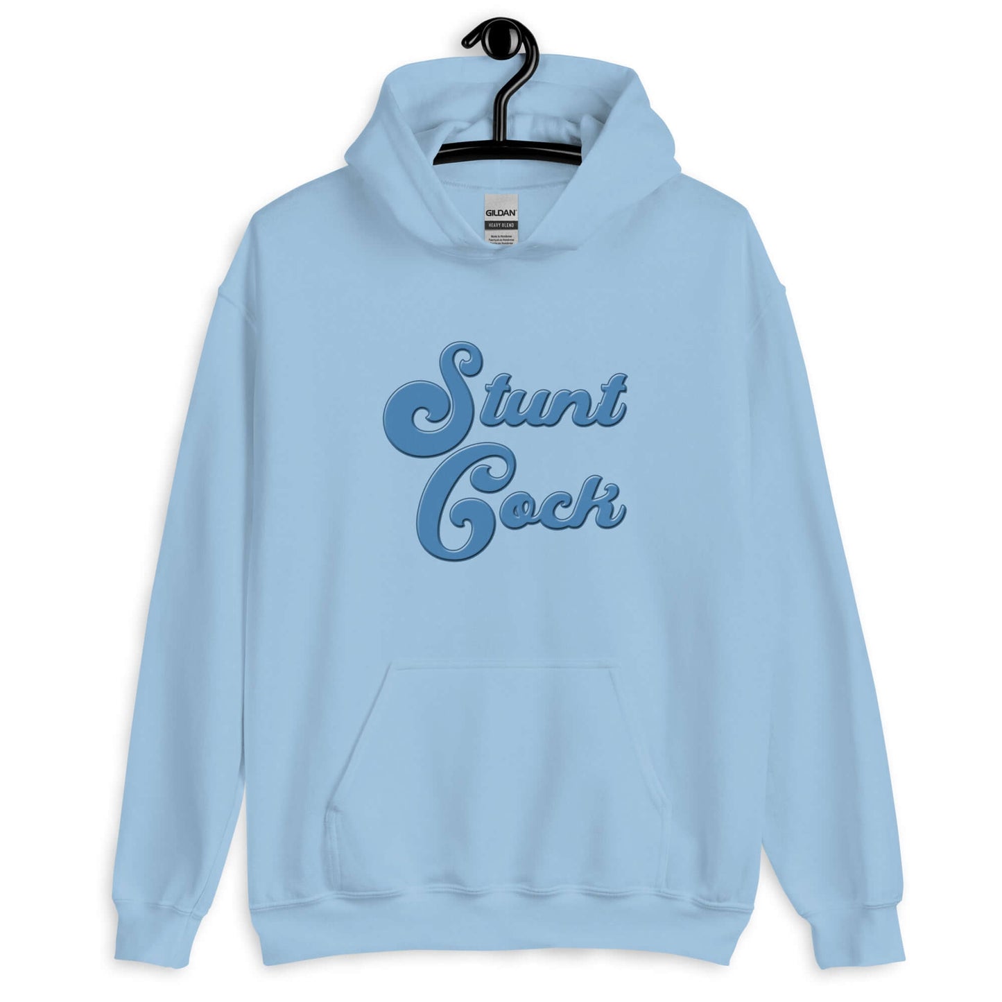 Light blue hoodie sweatshirt with the words Stunt Cock printed on the front in blue.