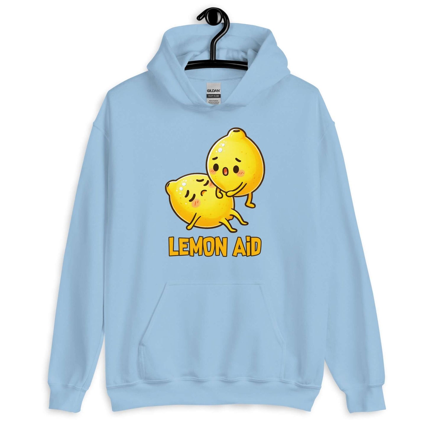 Light blue hoodie sweatshirt with image of 2 cartoon lemons. One lemon is giving the other lemon CPR. The words Lemon Aid is under the lemons. The graphic is printed on the front.