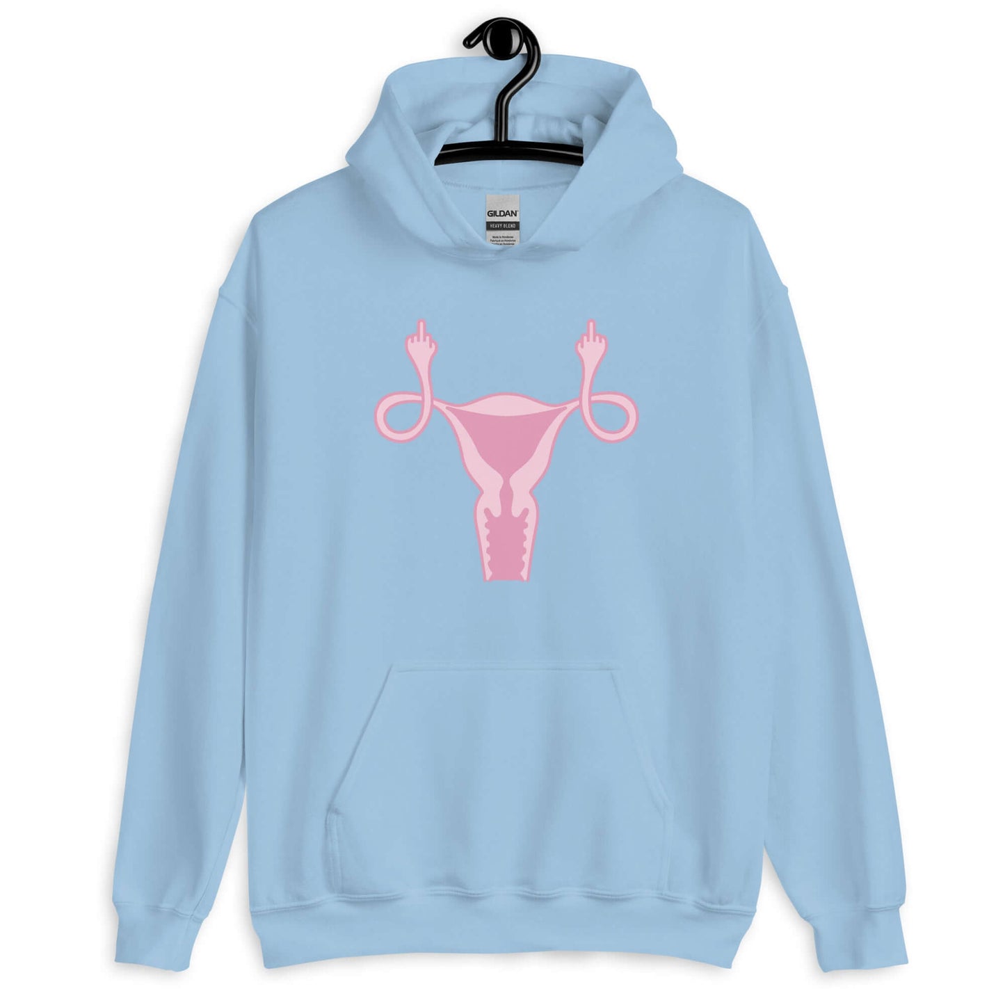 Light blue hoodie sweatshirt with image of a pink uterus flipping middle finger graphic printed on the front.