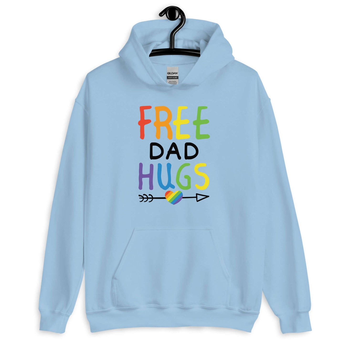 Light blue hoodie sweatshirt with the words Free Dad hugs printed on the front in rainbow letters.