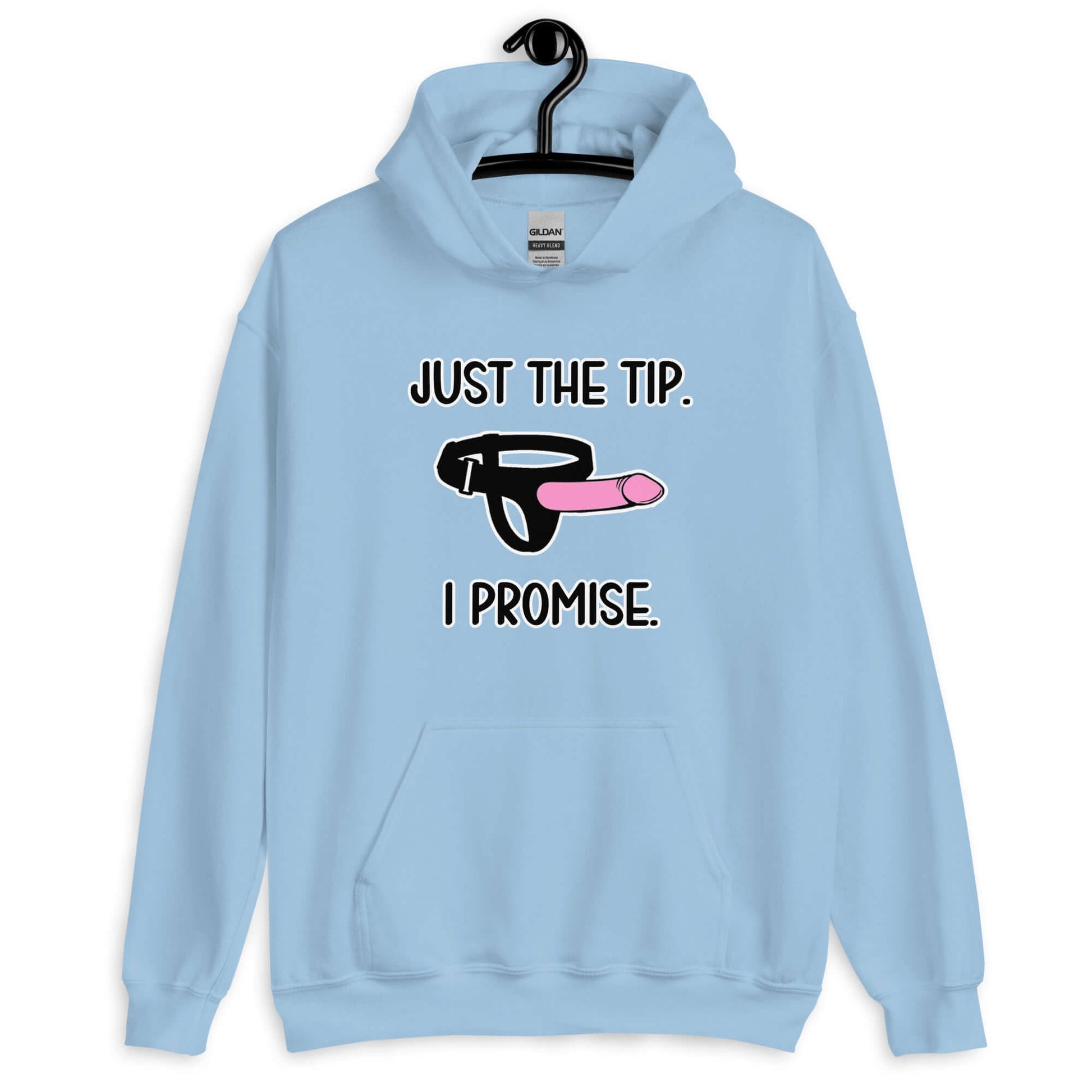 Light blue hoodie sweatshirt that has an image of a strap-on dildo and the words Just the tip, I promise printed on the front. The graphics are pink, black and white.