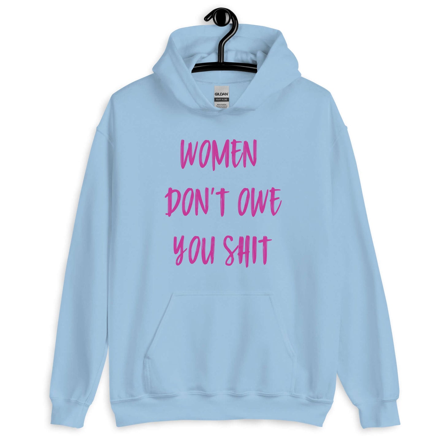 Light blue hoodie sweatshirt with the words Women don't owe you shit printed on the front in pink.