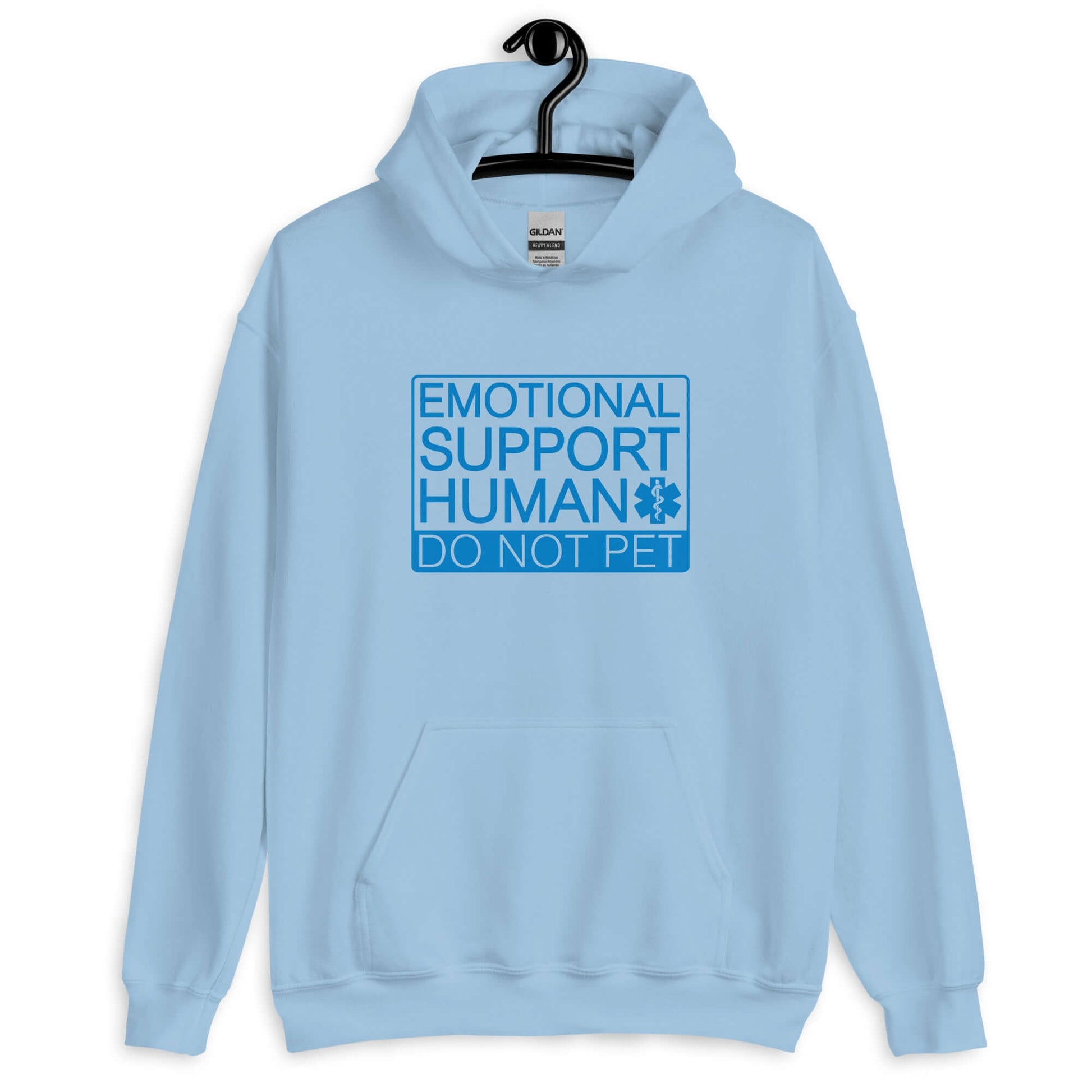 Light blue hoodie sweatshirt with the words Emotional support human, do not pet printed on the front.