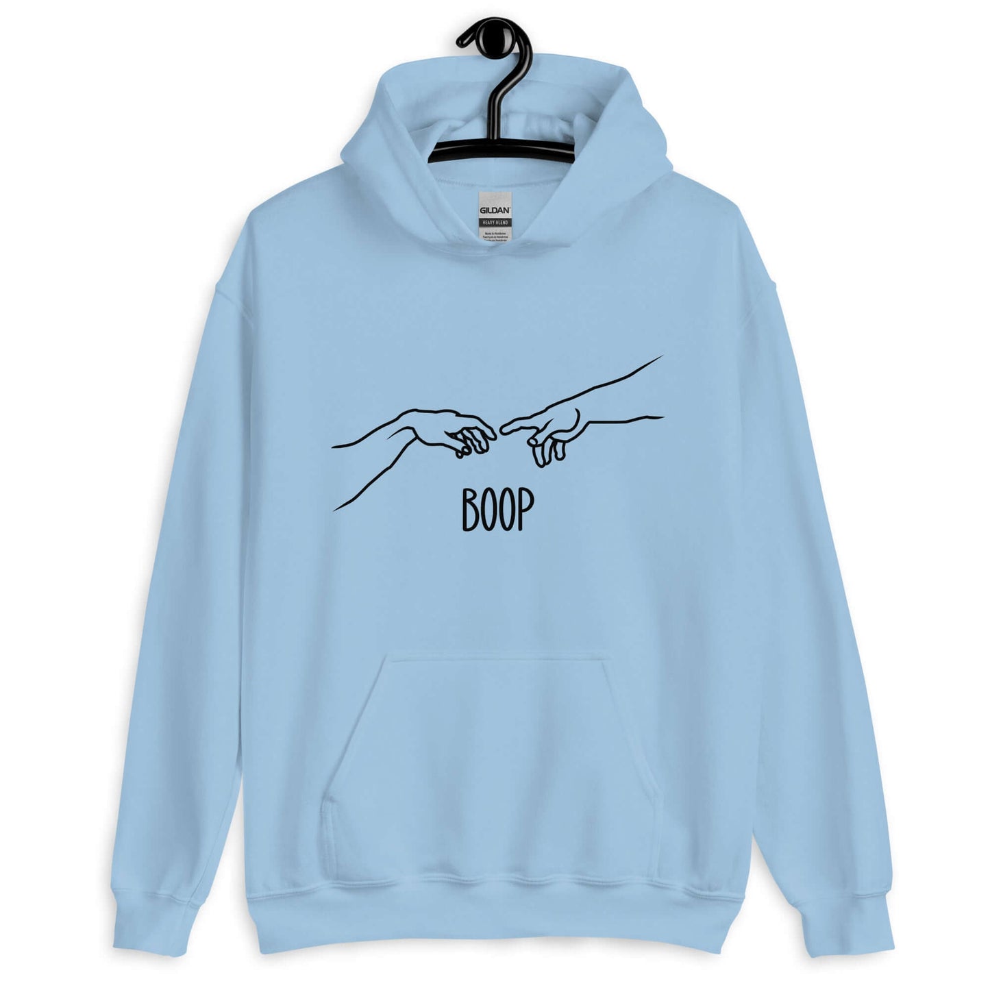 Light blue hoodie sweatshirt with line drawing hands reaching out and touching in the center like they in the famous art creation of Adam. The word Boop is printed underneath.