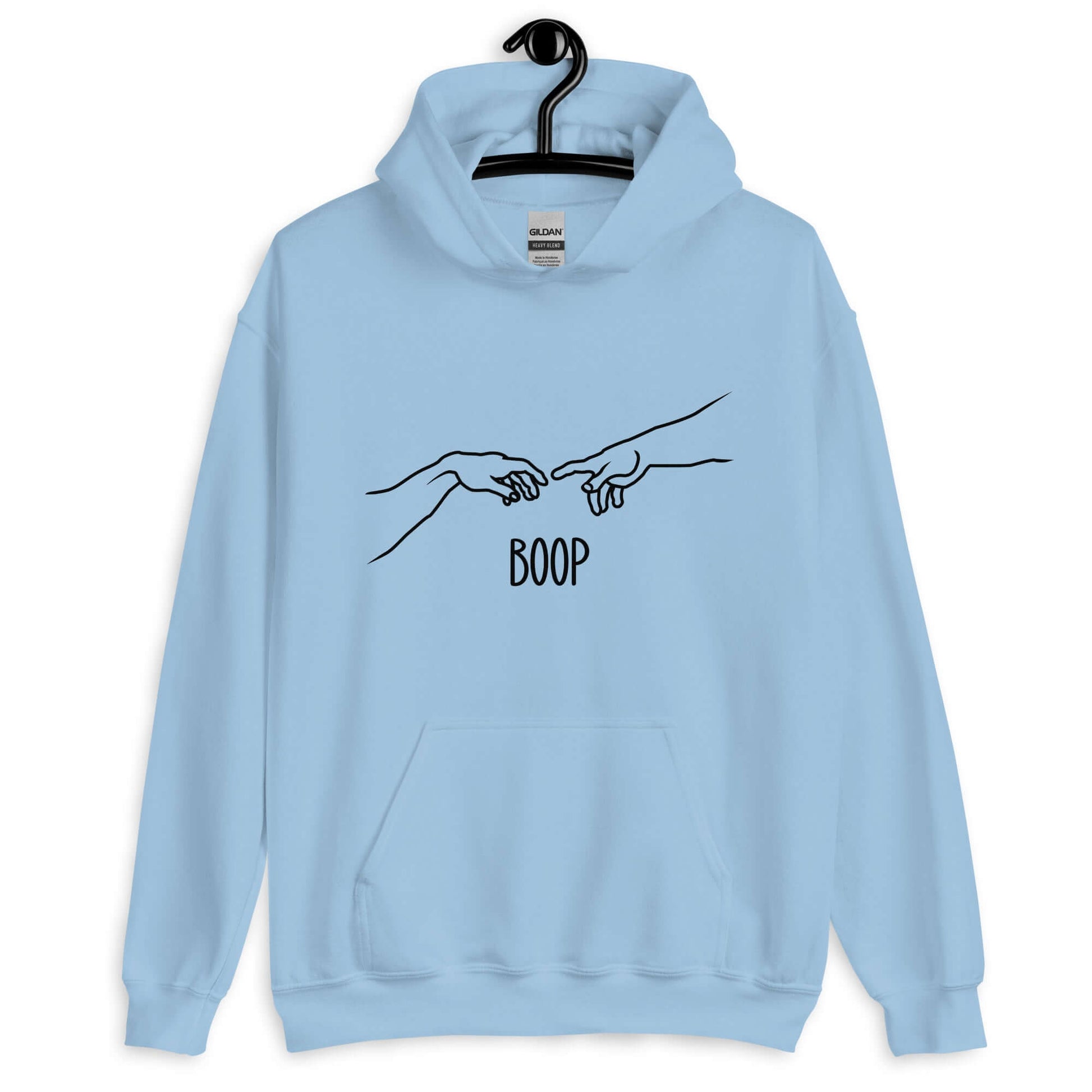 Light blue hoodie sweatshirt with line drawing hands reaching out and touching in the center like they in the famous art creation of Adam. The word Boop is printed underneath.