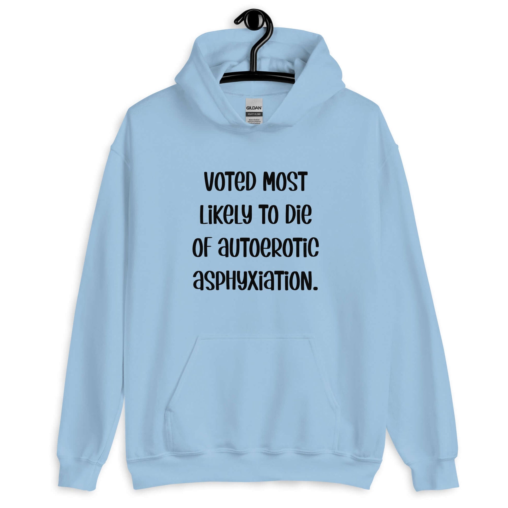 Light blue hoodie sweatshirt with the phrase Voted most likely to die of autoerotic asphyxiation printed on the front.