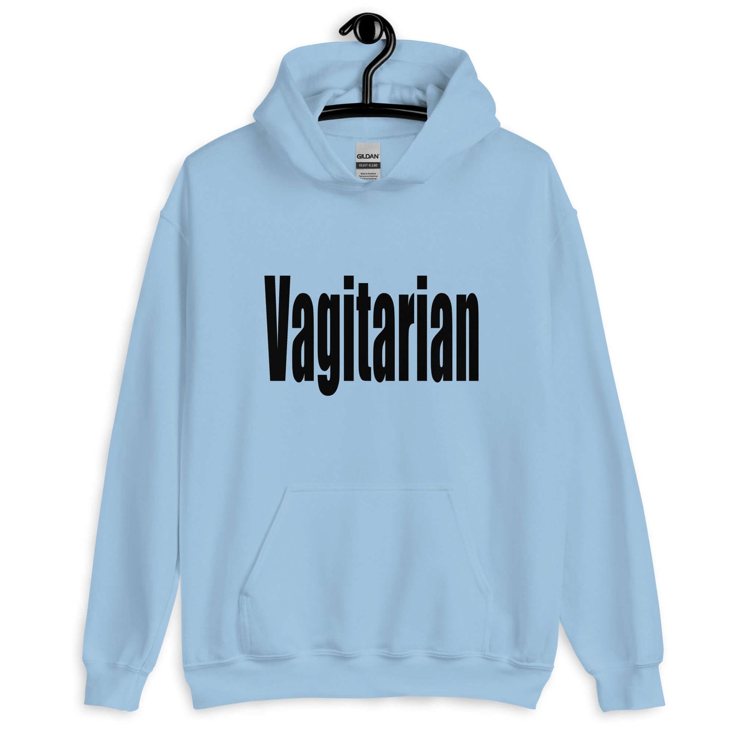 Light blue hoodie sweatshirt with the word Vagitarian printed on the front.