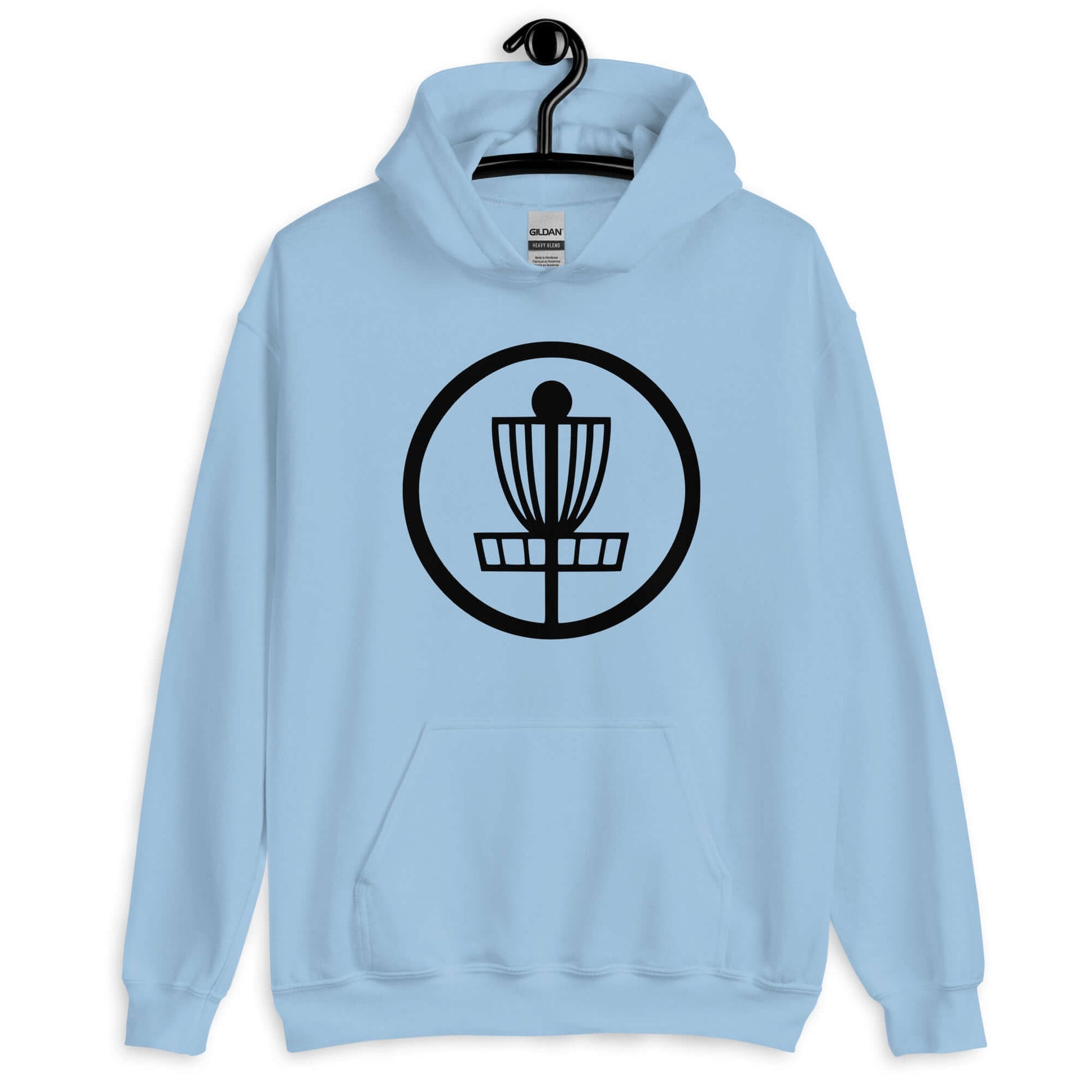 Light blue hoodie sweatshirt with image of disc golf basket silhouette with a circle around it printed on the front.