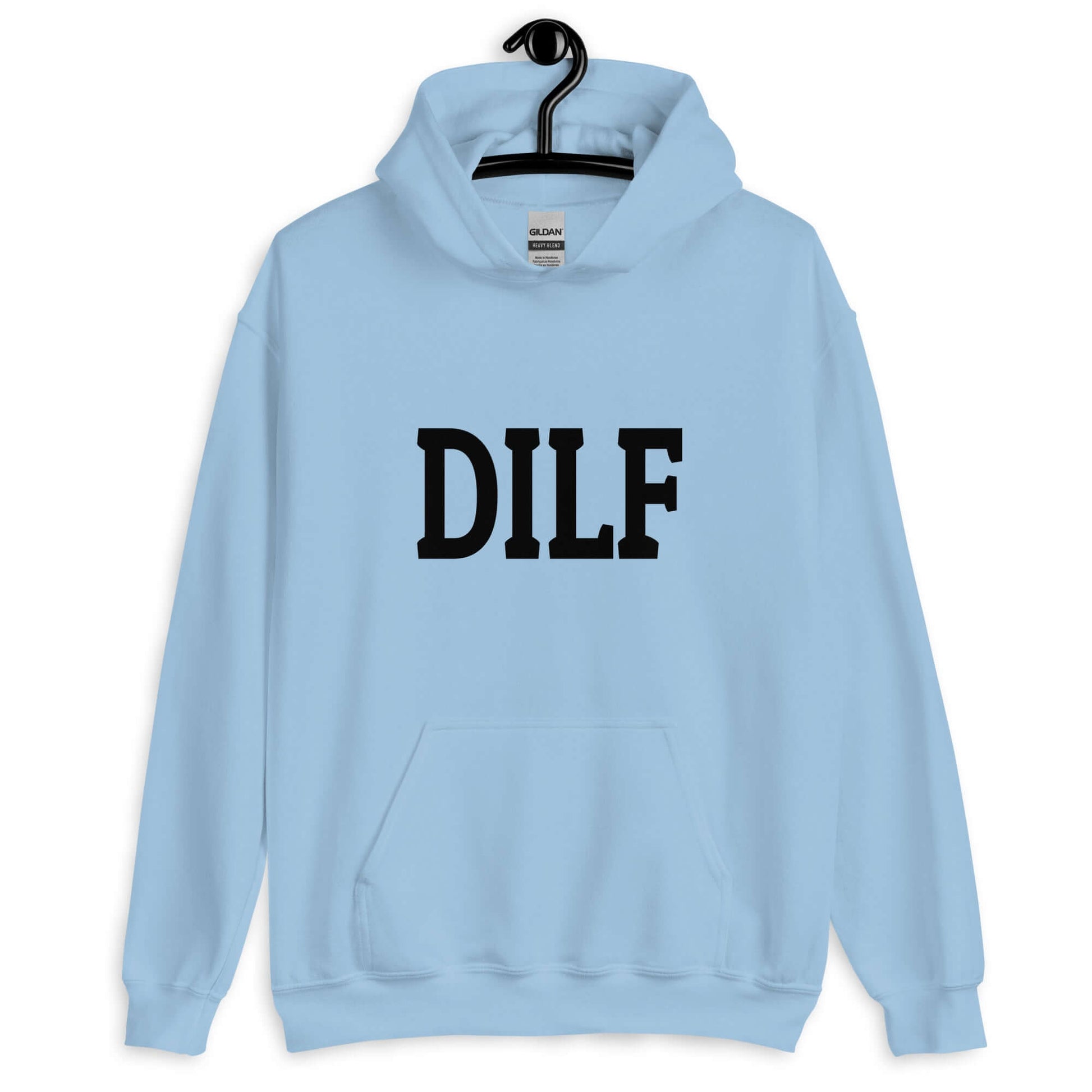 Light blue hoodie sweatshirt with the acronym DILF printed on the front.