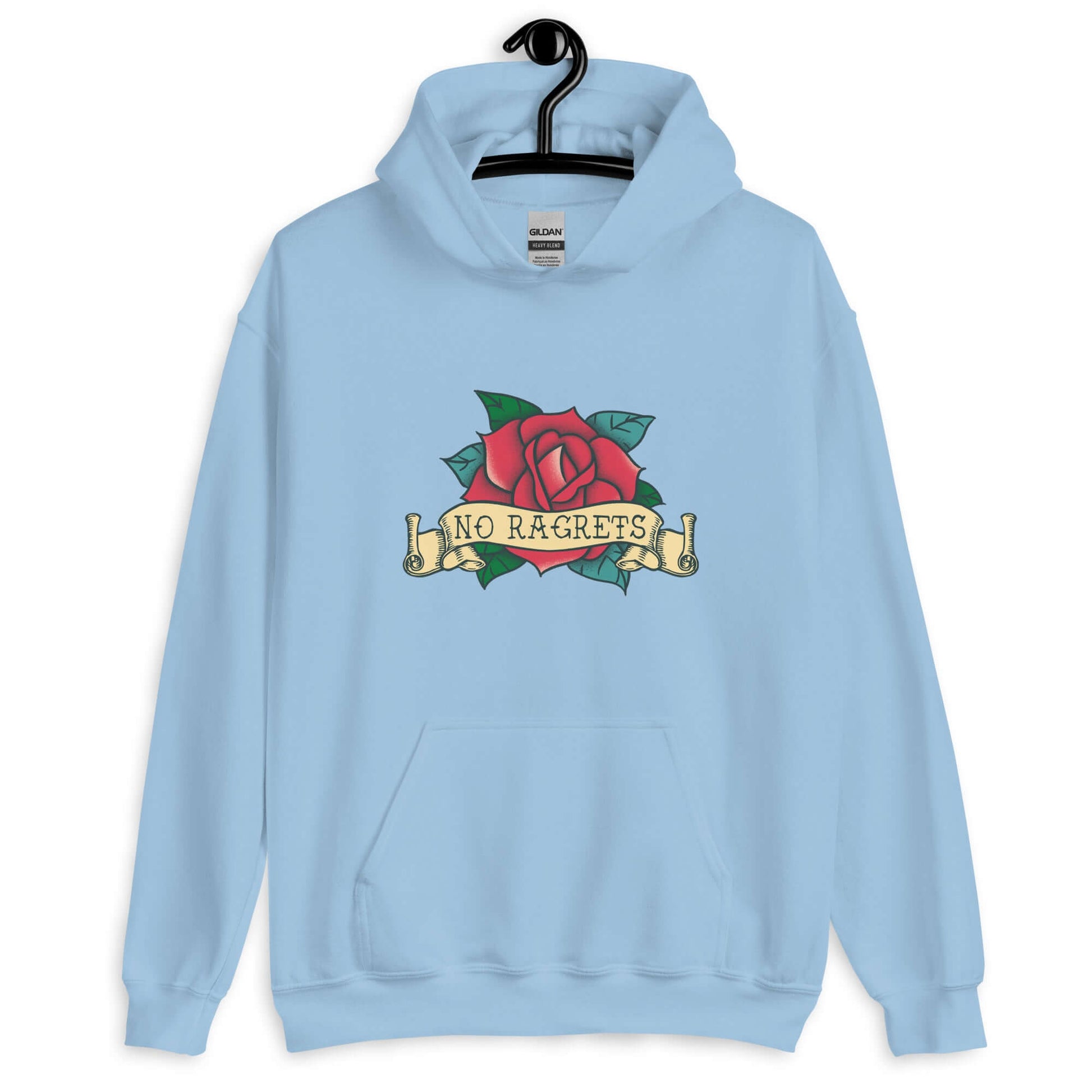 Light blue hoodie sweatshirt with funny image of an old school rose flash tattoo with the words no ragrets intentionally misspelled.