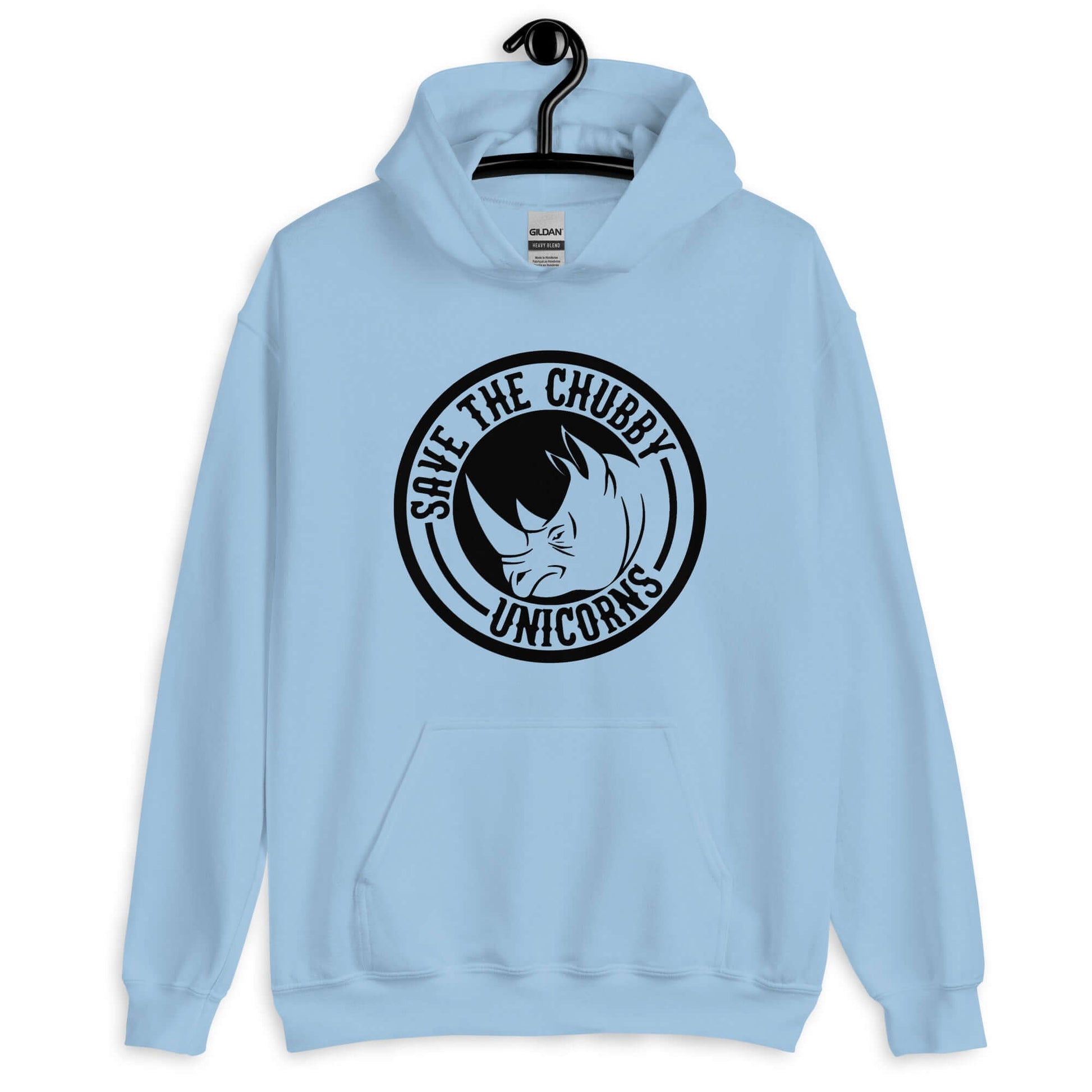 Light blue hoodie sweatshirt with a funny graphic of a rhinoceros & the words Save the chubby unicorns printed on the front.