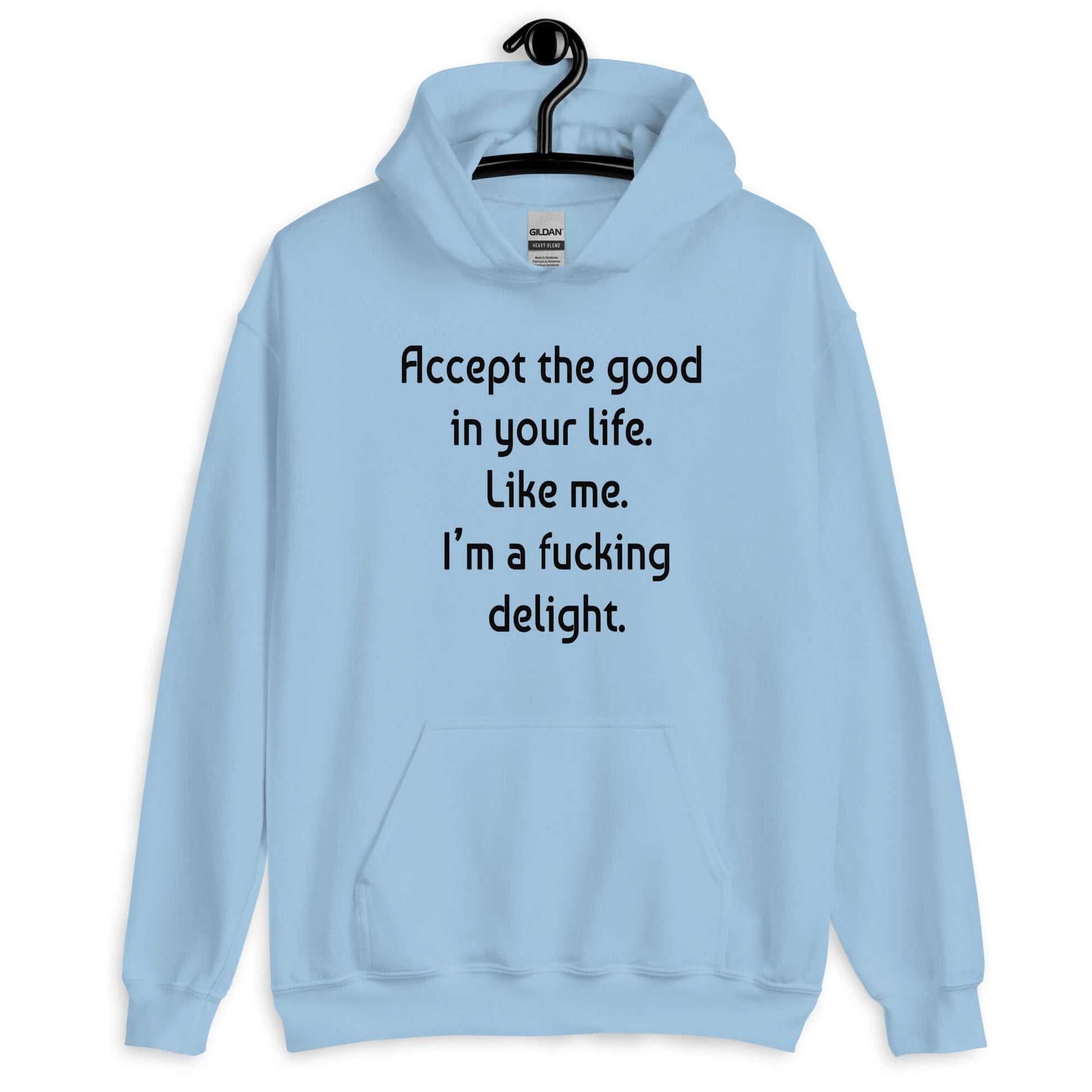 Light blue hoodie sweatshirt with the funny phrase Accept the good in your life, like me, I'm a fucking delight printed on the front.