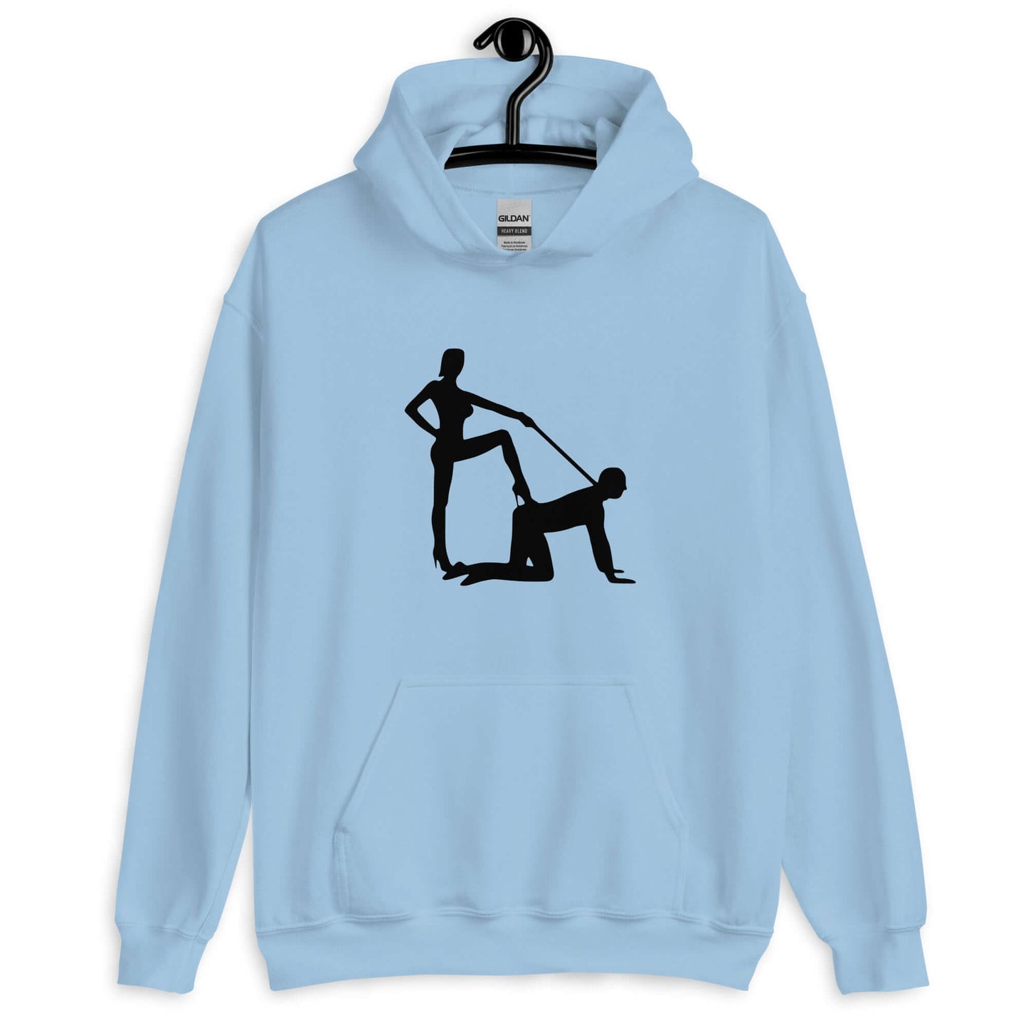 Light blue hoodie sweatshirt with silhouette image of a man on his hands and knees and a dominatrix holding his leash printed on the front.