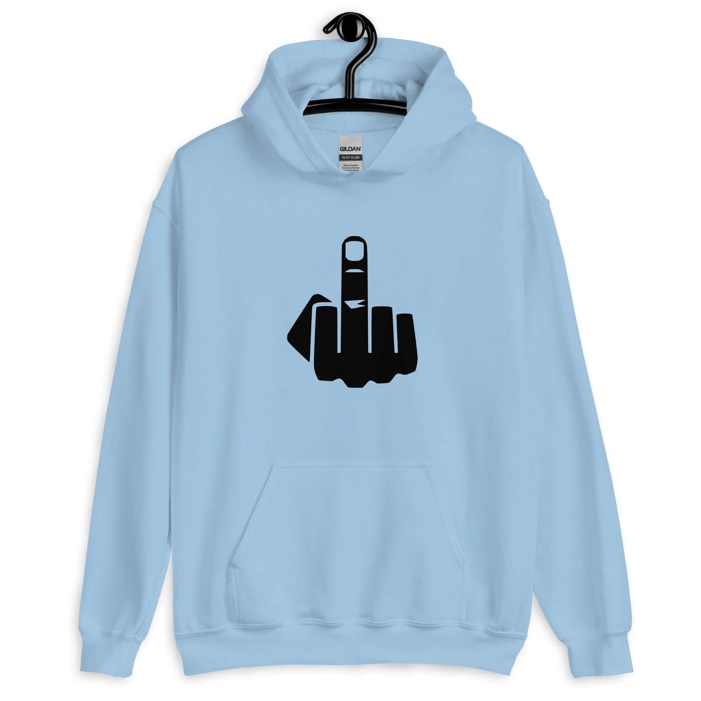 Light blue hoodie sweatshirt with an image of middle finger silhouette printed on the front.