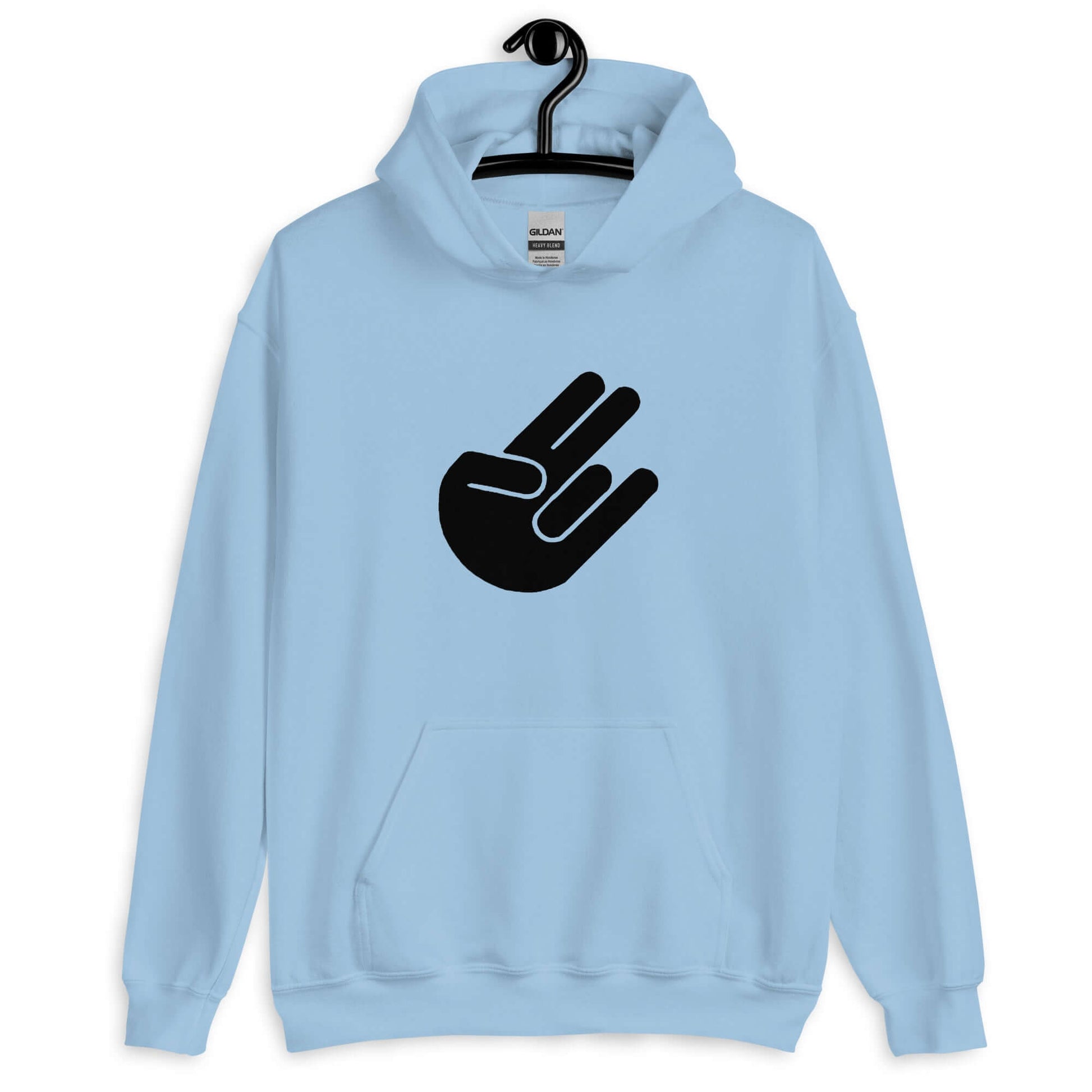 Light blue hoodie sweatshirt with the universal hand symbol for The Shocker printed on the front.